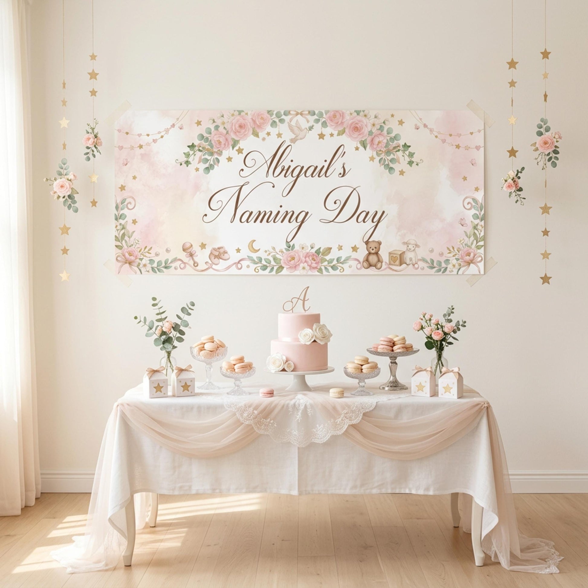 Personalised Girl Naming Day Banner, Blue Floral Party Backdrop, Christening Wall Sign