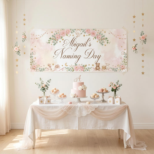 Personalised Girl Naming Day Banner, Blue Floral Party Backdrop, Christening Wall Sign