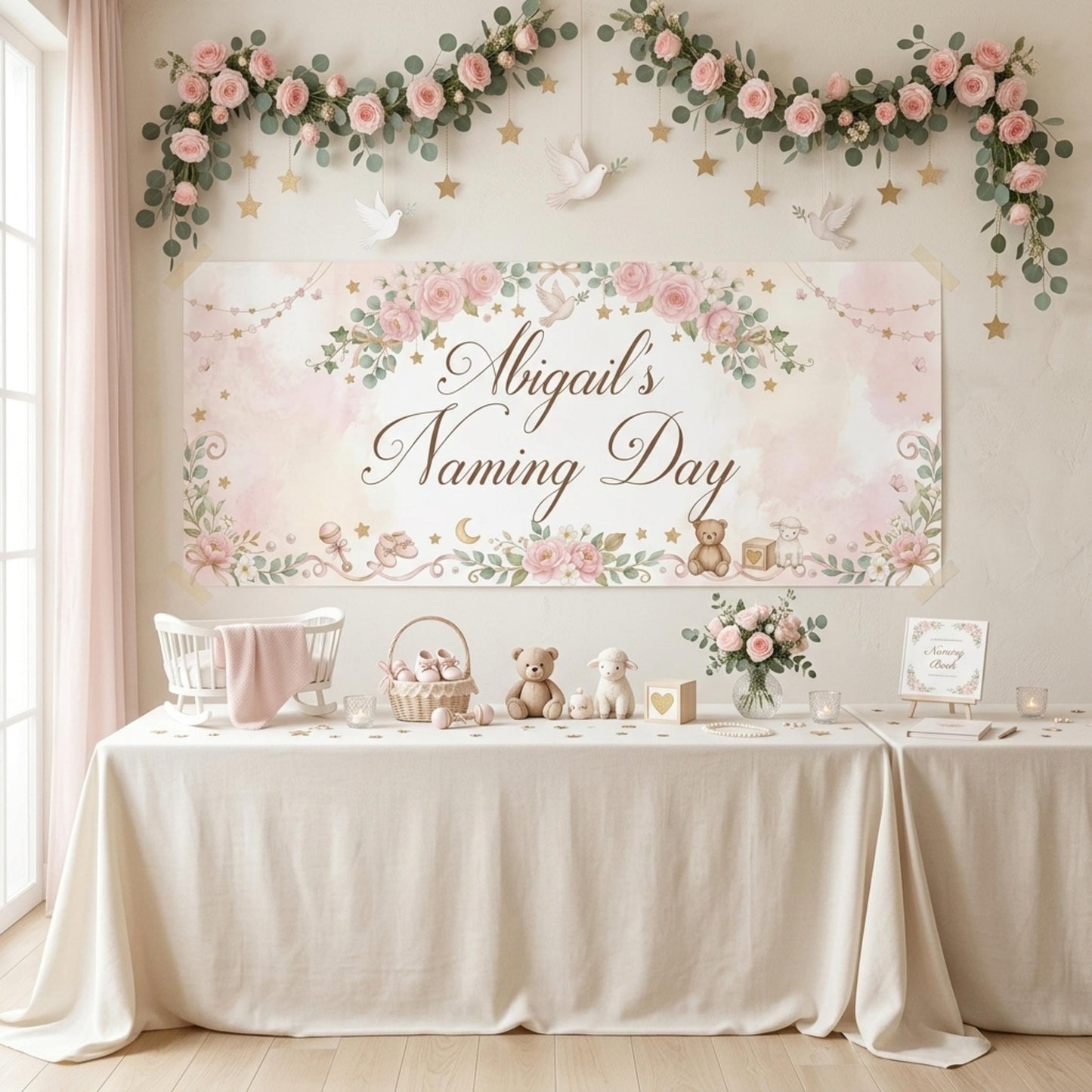 Personalised Girl Naming Day Banner, Blue Floral Party Backdrop, Christening Wall Sign