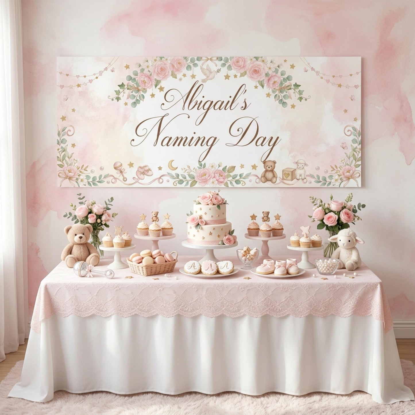 Personalised Girl Naming Day Banner, Blue Floral Party Backdrop, Christening Wall Sign