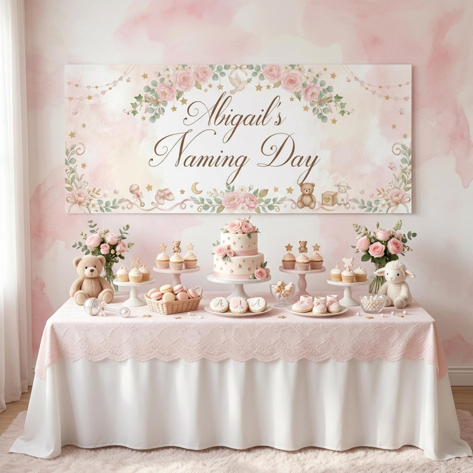 Personalised Girl Naming Day Banner, Blue Floral Party Backdrop, Christening Wall Sign