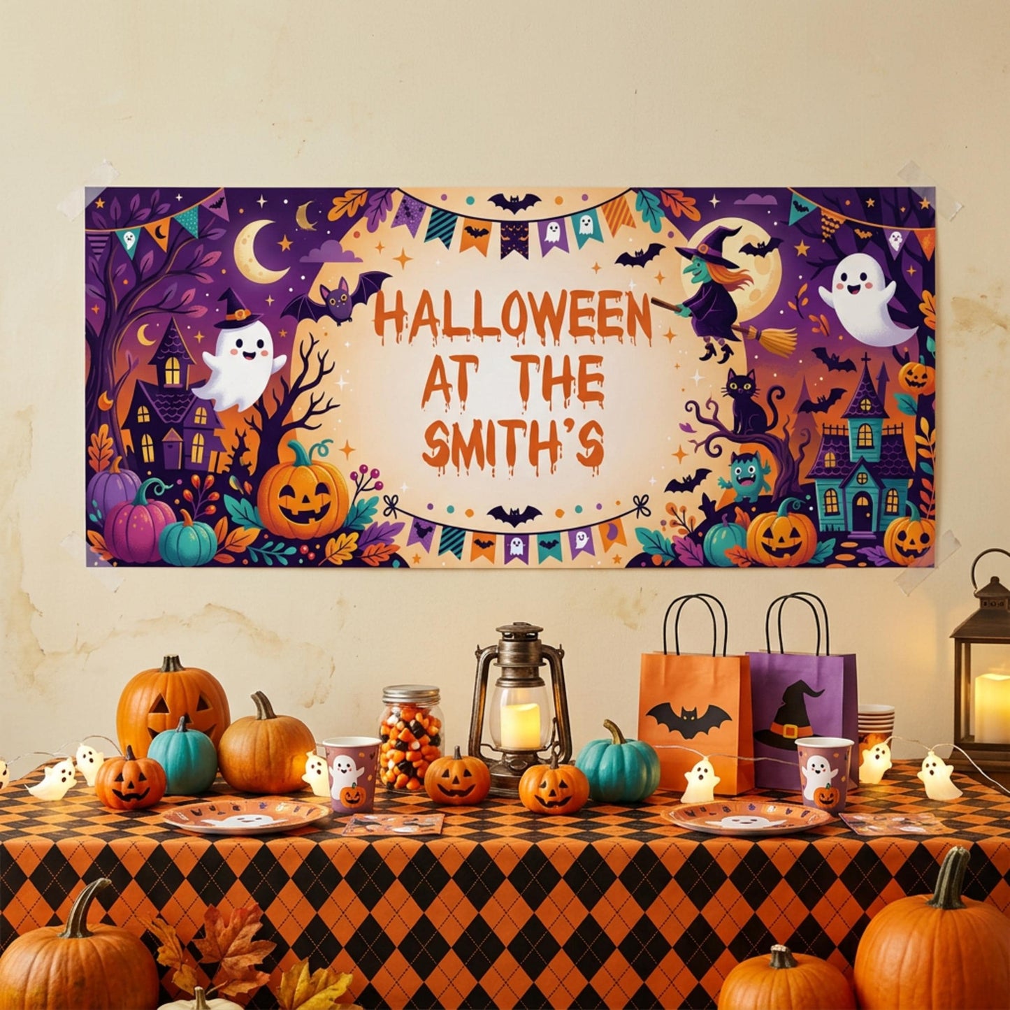 Personalised Halloween Party Banner for Children, Family Trick Or Treat Wall Sign