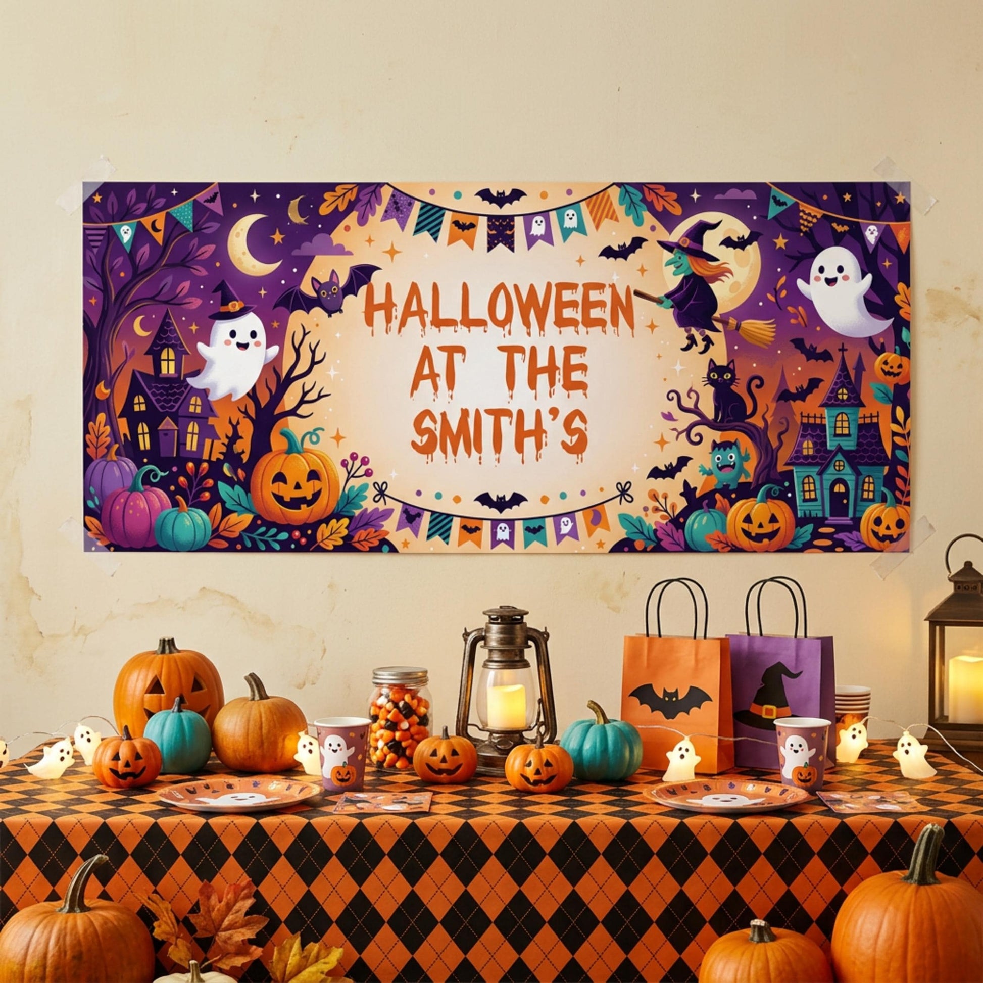 Personalised Halloween Party Banner for Children, Family Trick Or Treat Wall Sign
