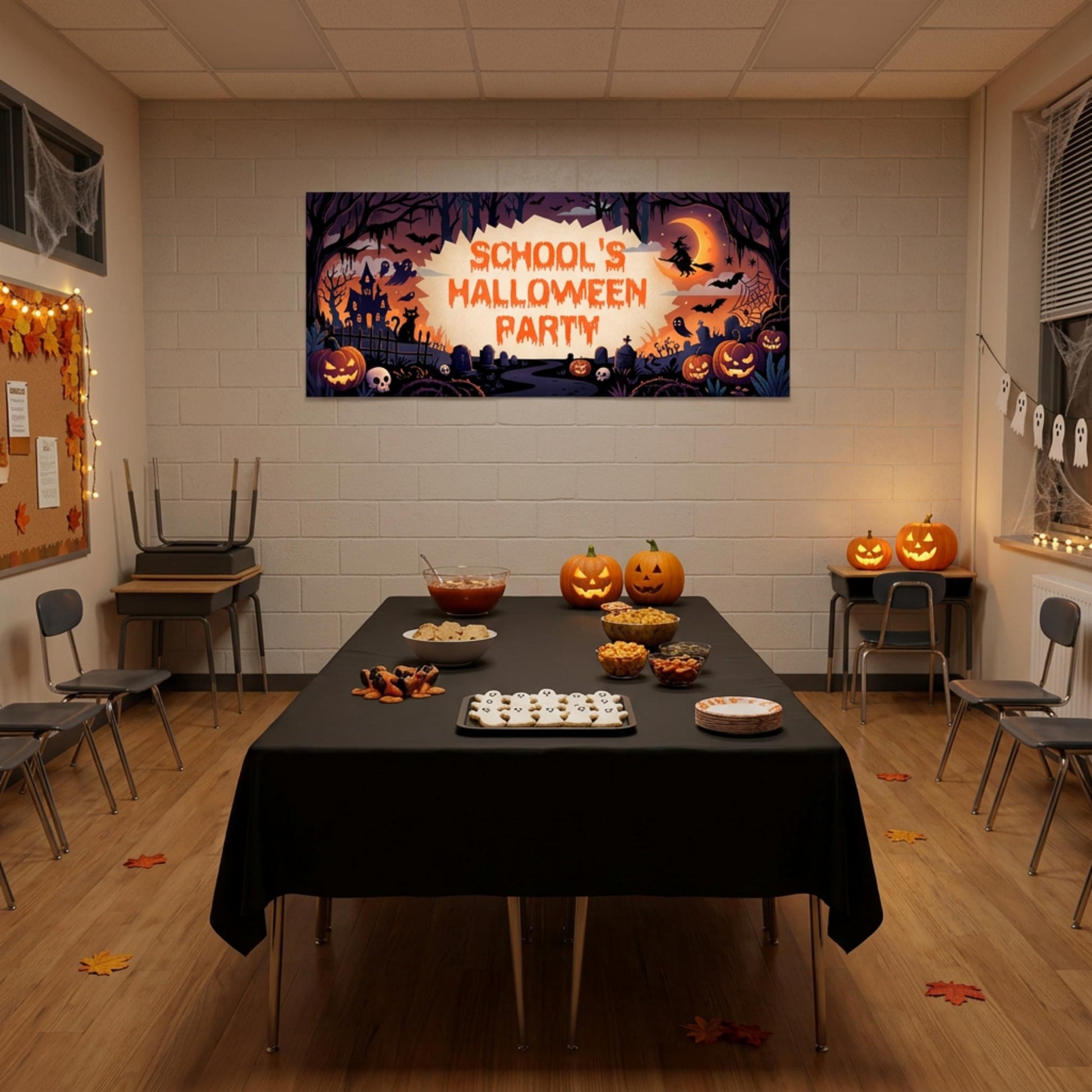Personalised School Halloween Banner, Spooky Party Backdrop, Classroom Event Poster