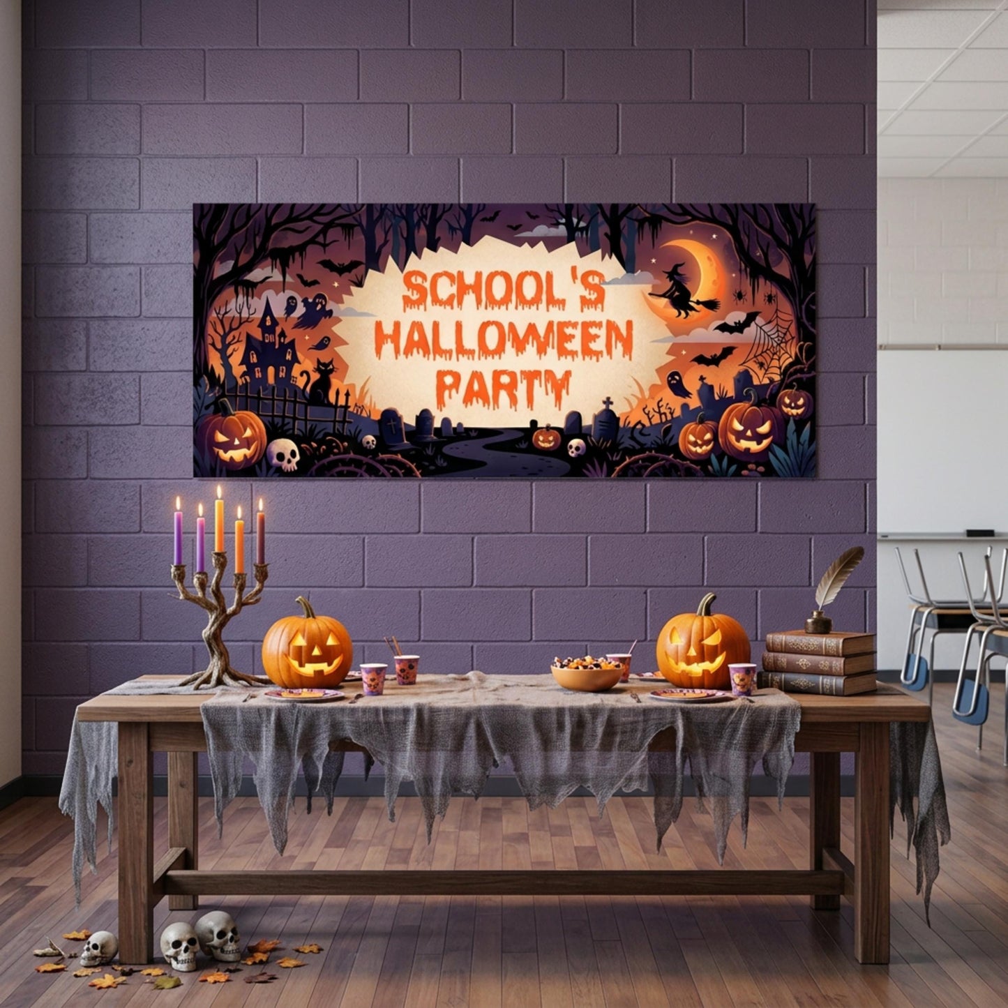 Personalised School Halloween Banner, Spooky Party Backdrop, Classroom Event Poster