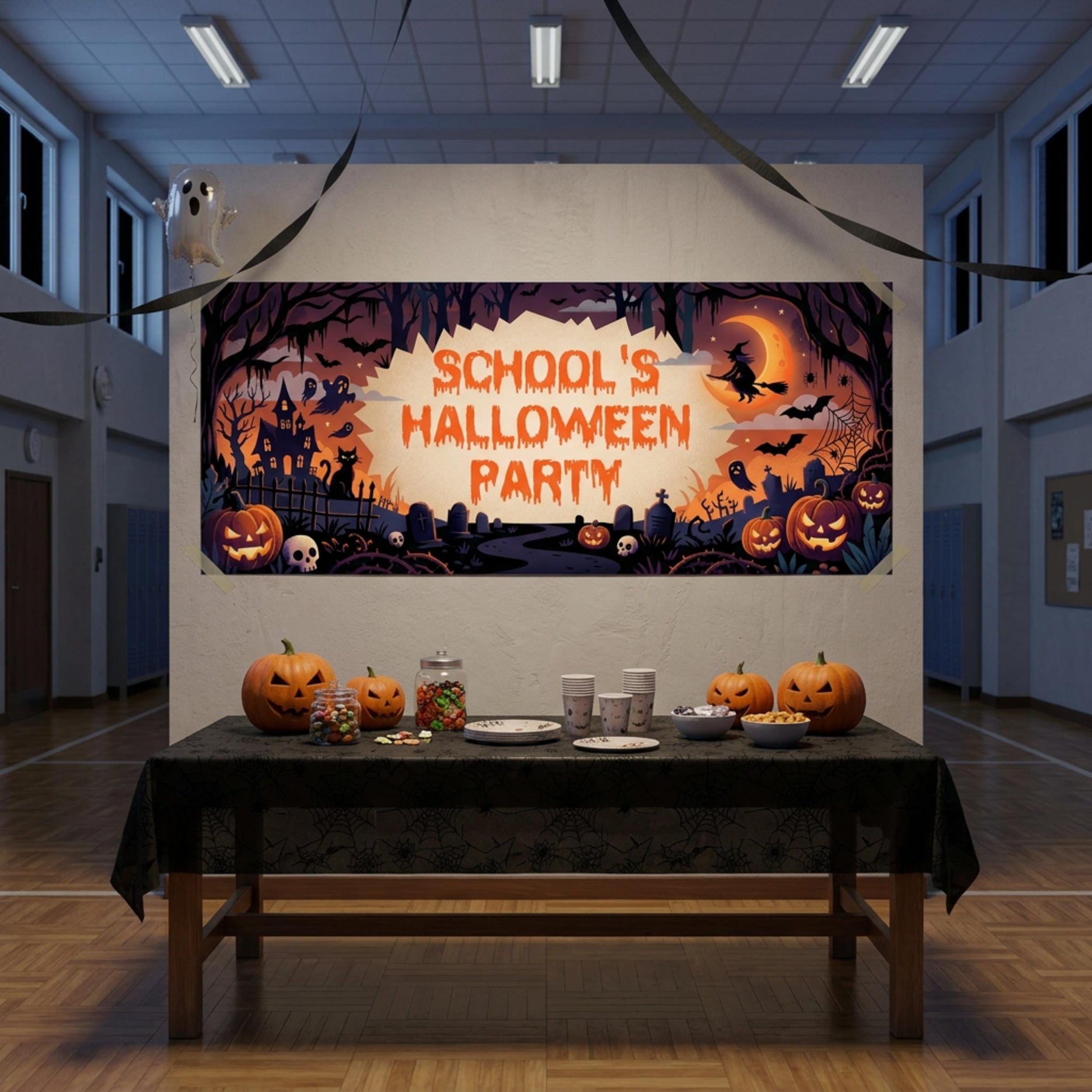 Personalised School Halloween Banner, Spooky Party Backdrop, Classroom Event Poster