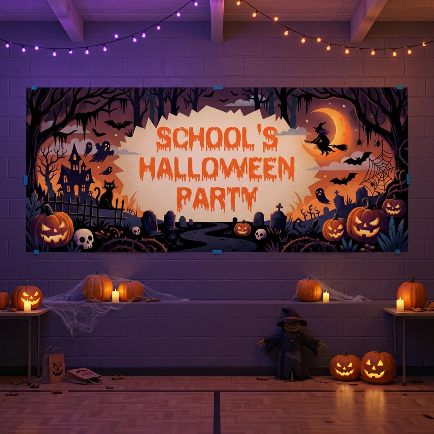 Personalised School Halloween Banner, Spooky Party Backdrop, Classroom Event Poster