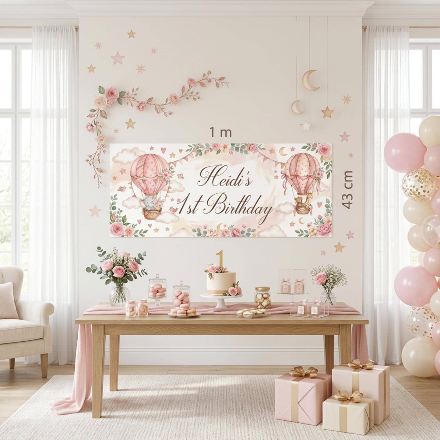 Personalised 1st Birthday Banner, Pink Hot Air Balloons, Girls Party Wall Sign