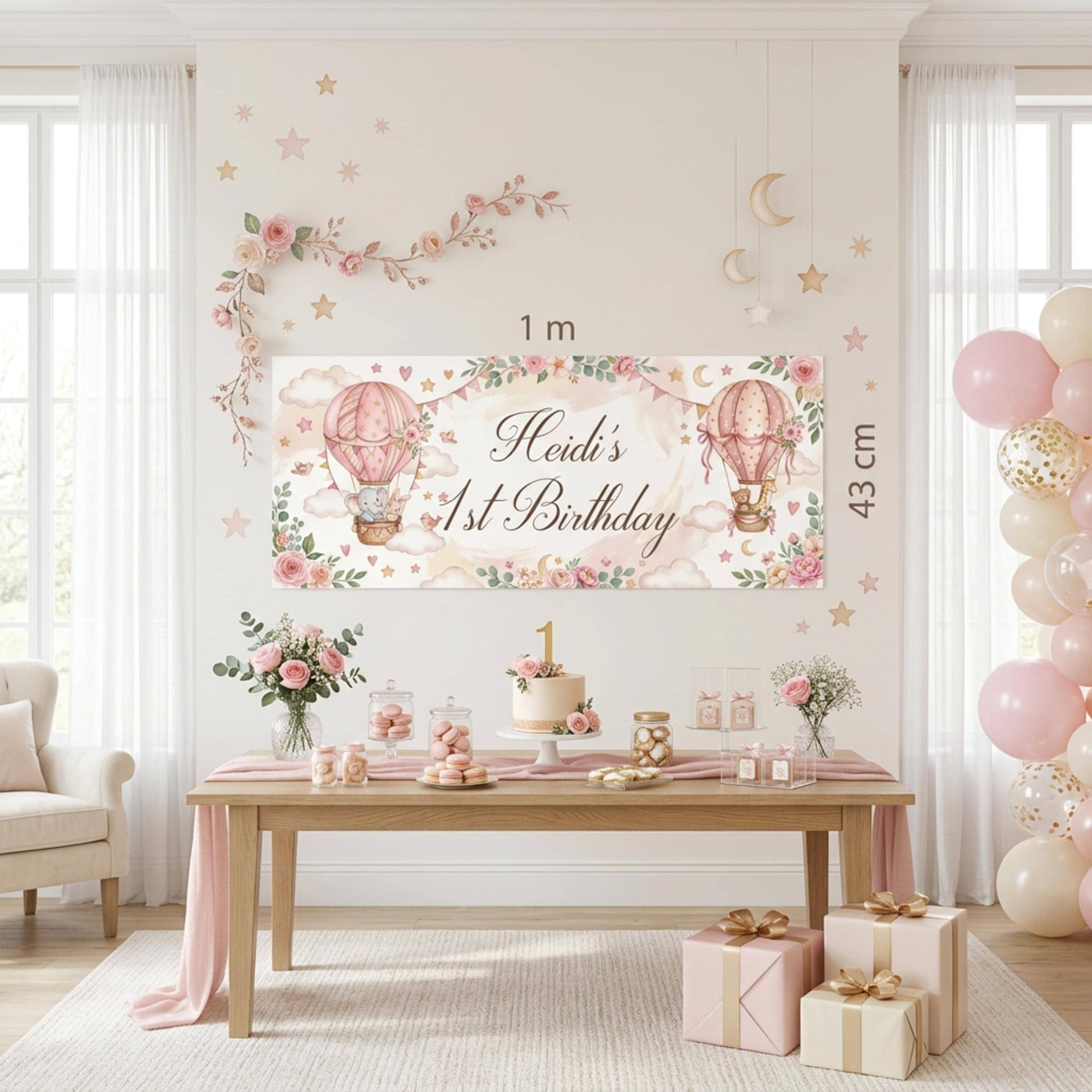 Personalised 1st Birthday Banner, Pink Hot Air Balloons, Girls Party Wall Sign
