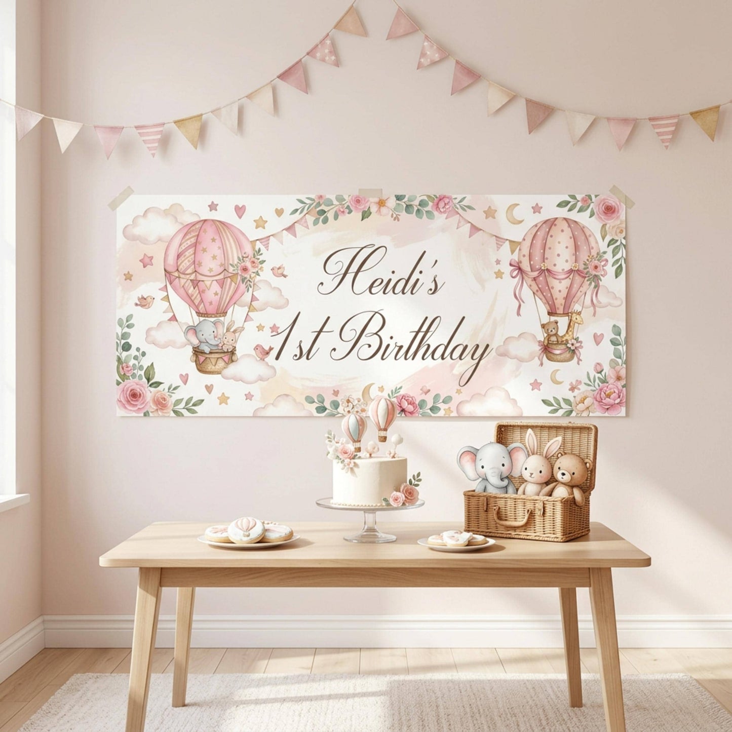 Personalised 1st Birthday Banner, Pink Hot Air Balloons, Girls Party Wall Sign