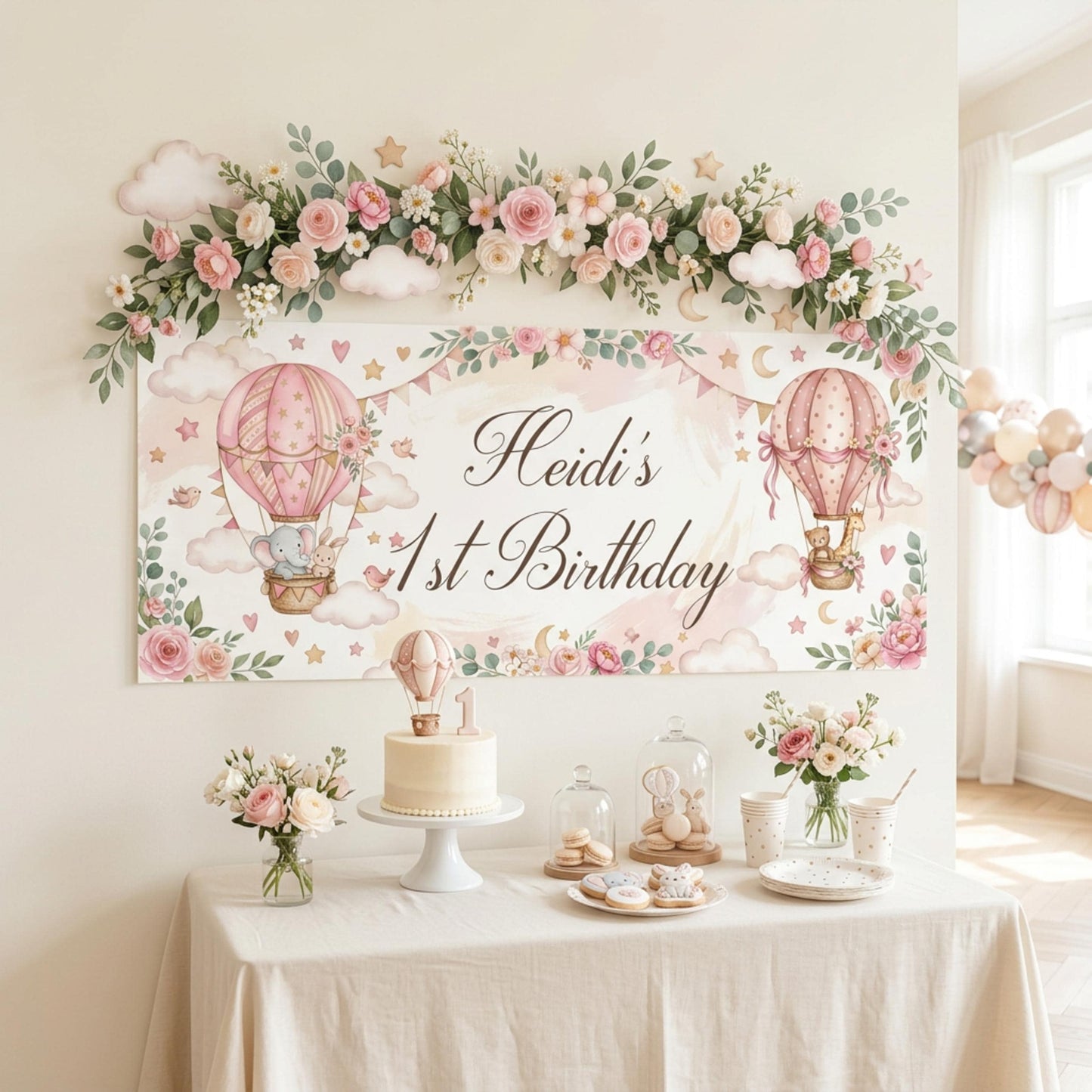 Personalised 1st Birthday Banner, Pink Hot Air Balloons, Girls Party Wall Sign
