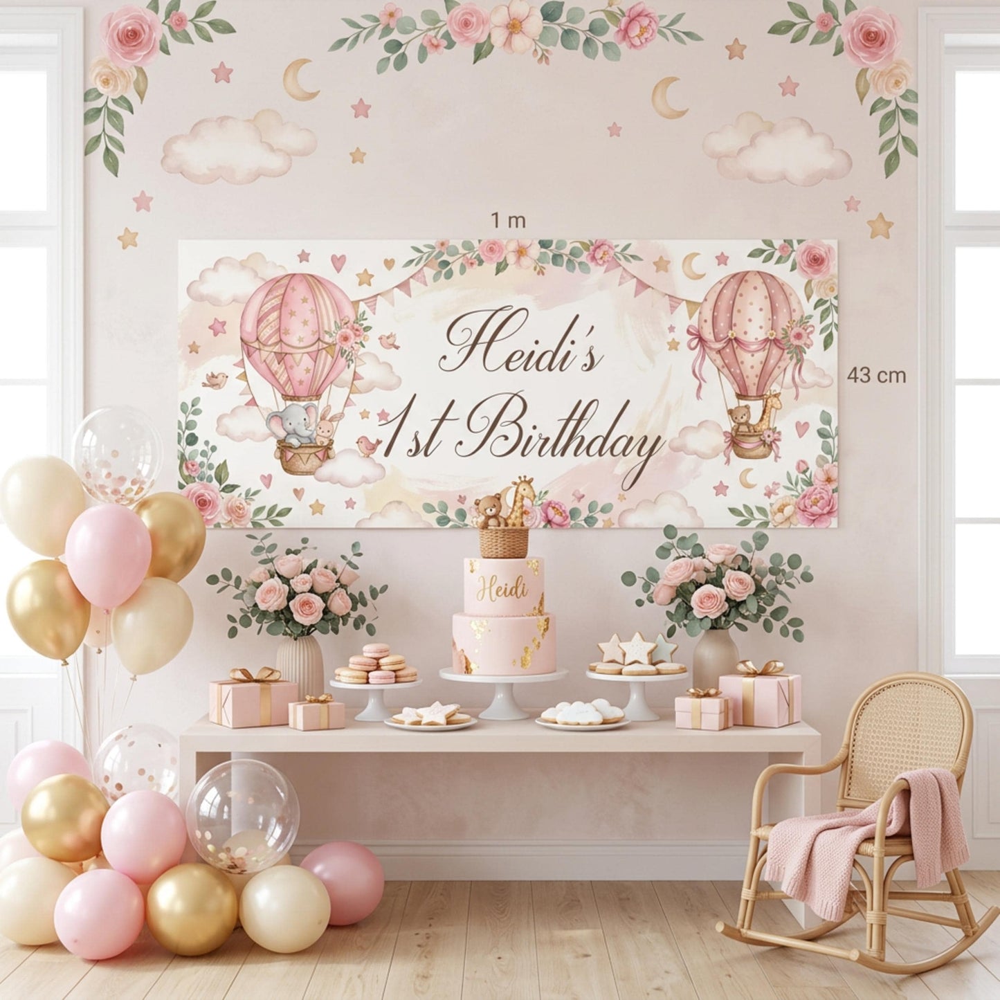 Personalised 1st Birthday Banner, Pink Hot Air Balloons, Girls Party Wall Sign