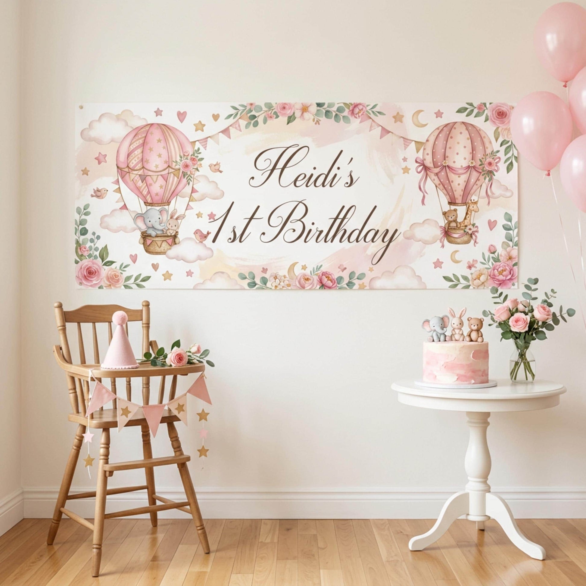Personalised 1st Birthday Banner, Pink Hot Air Balloons, Girls Party Wall Sign