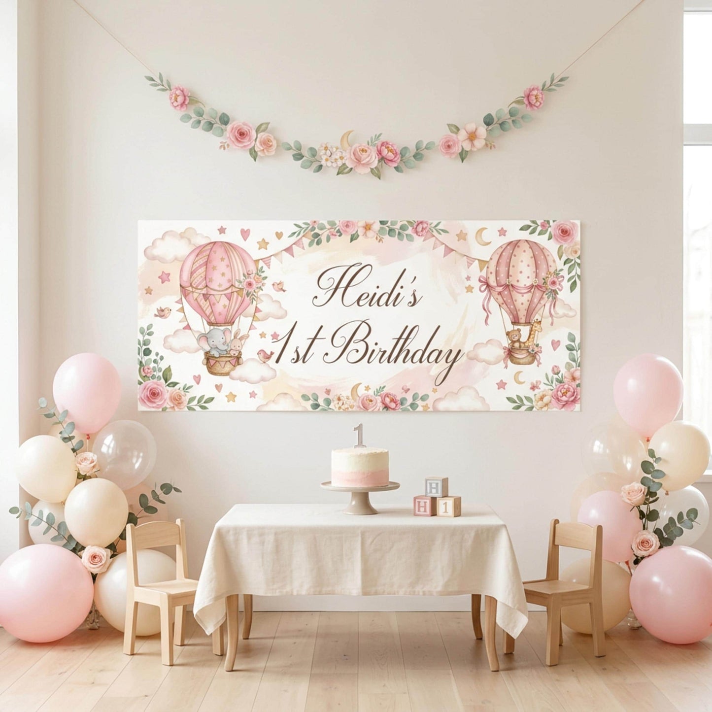 Personalised 1st Birthday Banner, Pink Hot Air Balloons, Girls Party Wall Sign