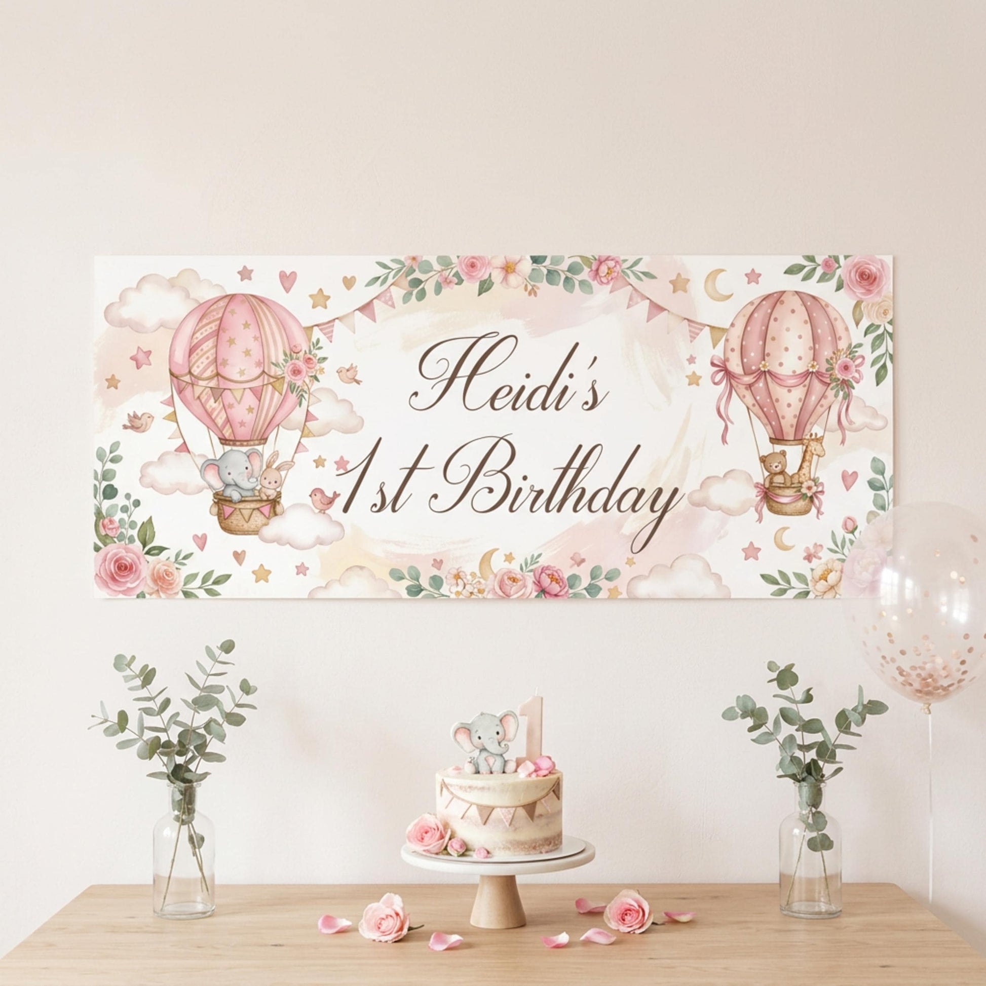 Personalised 1st Birthday Banner, Pink Hot Air Balloons, Girls Party Wall Sign