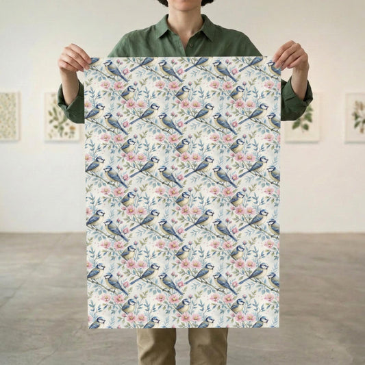 Blue Tit and Blossom Wrapping Paper, Vintage Garden Bird Gift Wrap Sheet, large size
