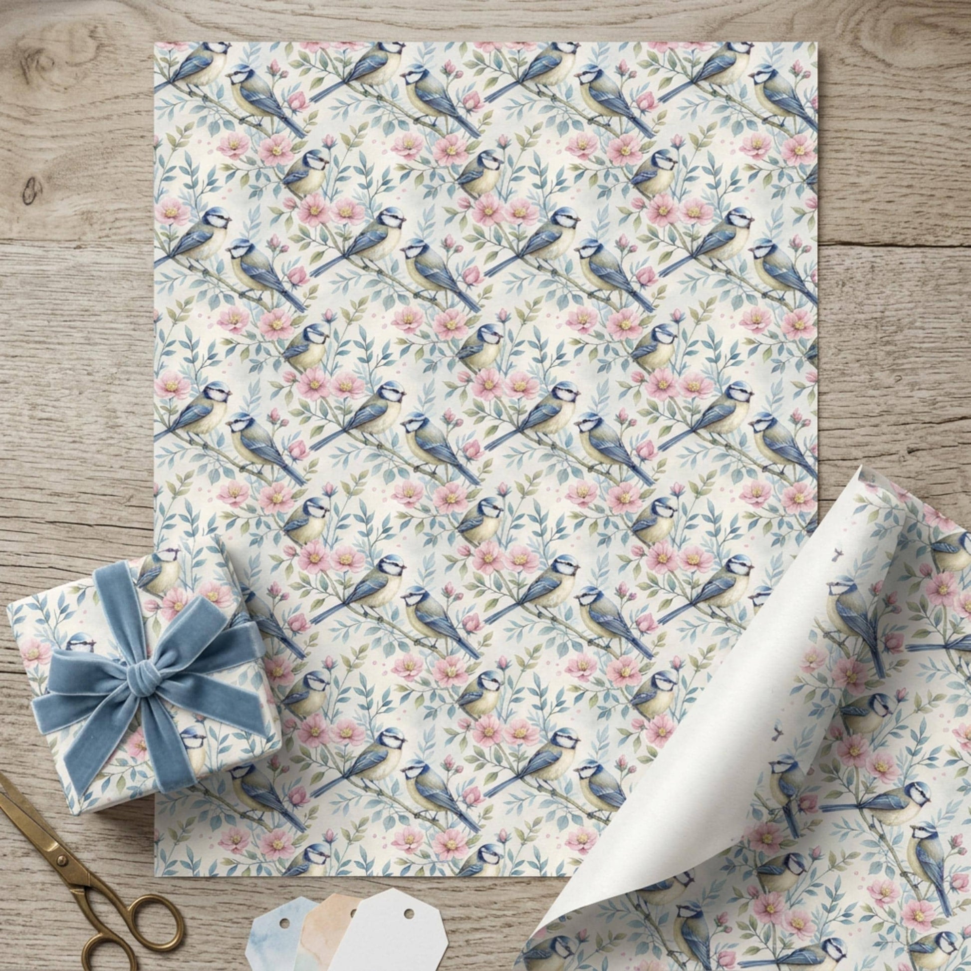 Blue Tit and Blossom Wrapping Paper, Vintage Garden Bird Gift Wrap Sheet, large size