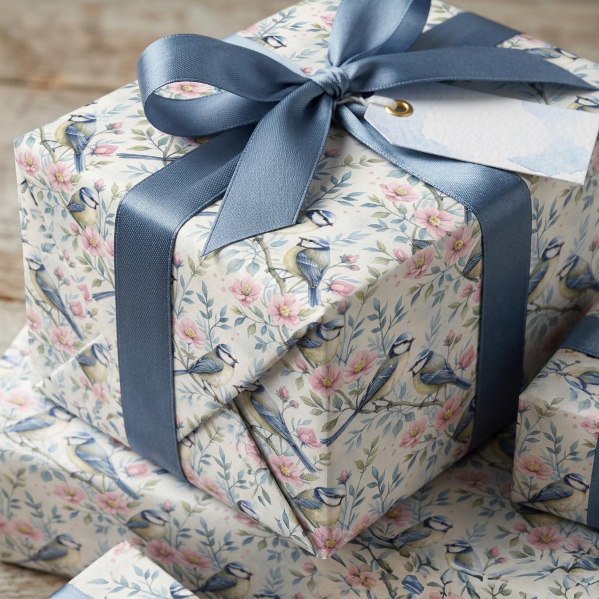 Blue Tit and Blossom Wrapping Paper, Vintage Garden Bird Gift Wrap Sheet, large size