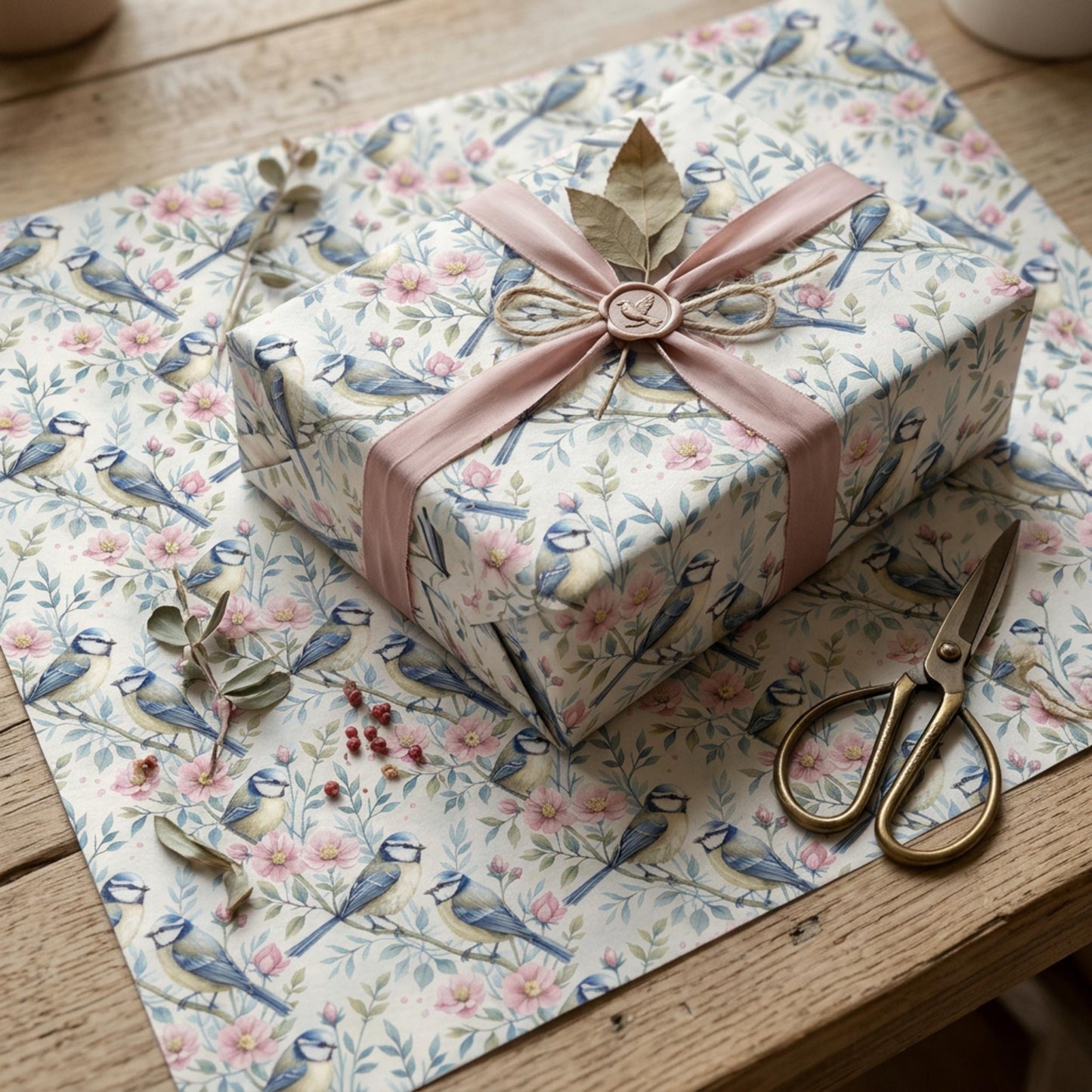 Blue Tit and Blossom Wrapping Paper, Vintage Garden Bird Gift Wrap Sheet, large size
