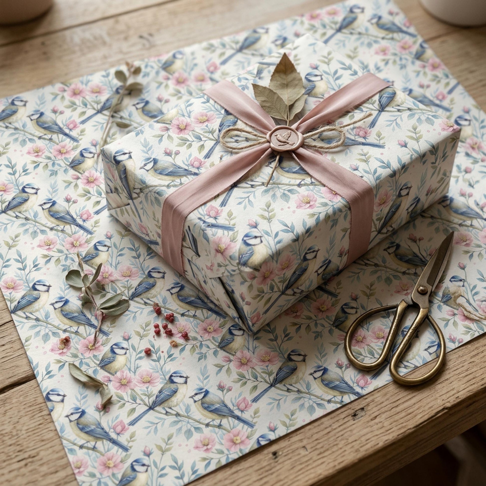 Blue Tit and Blossom Wrapping Paper, Vintage Garden Bird Gift Wrap Sheet, large size