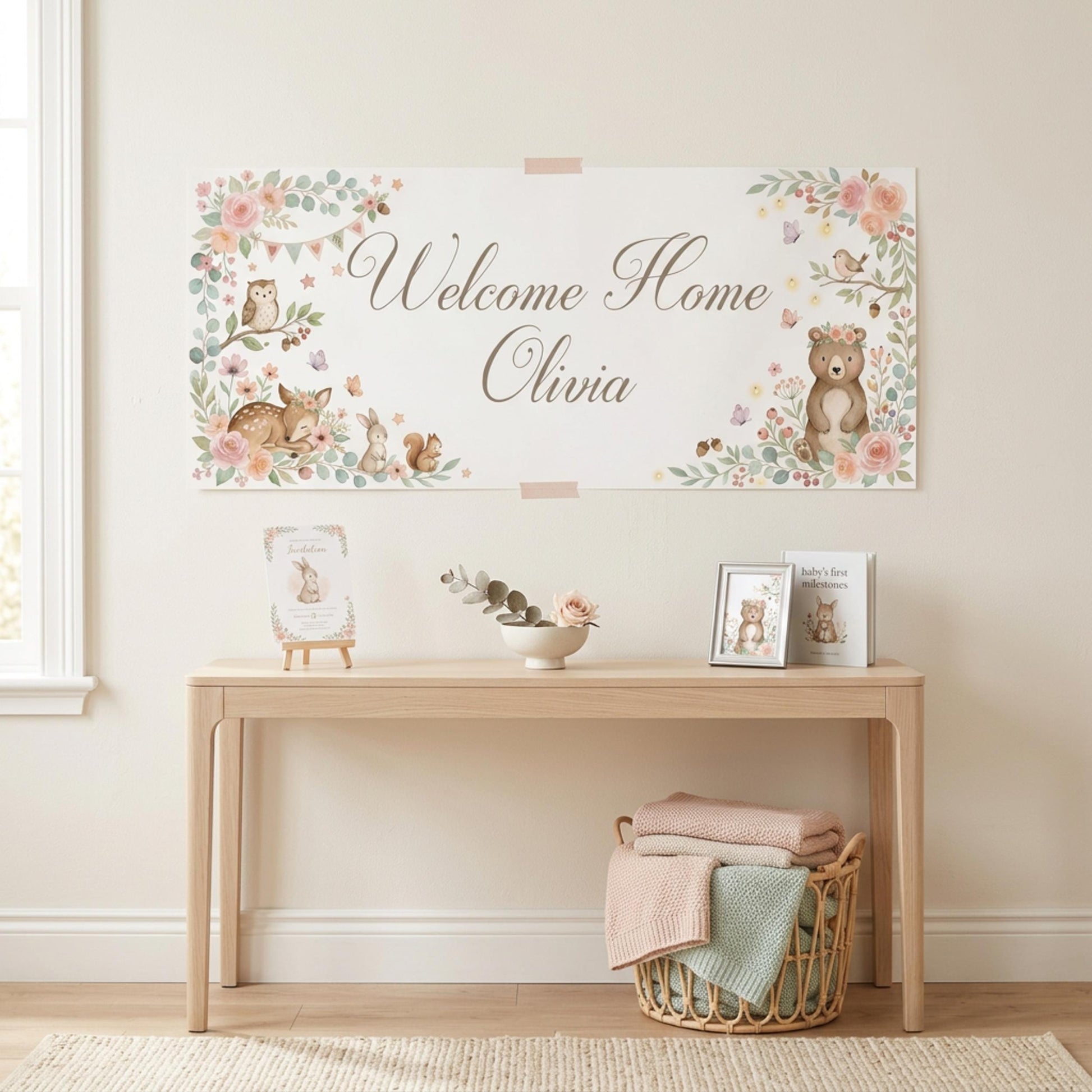 Personalised Welcome Home Baby Banner, Baby Shower Backdrop, Birthday Christening Poster, Nursery Wall Sign