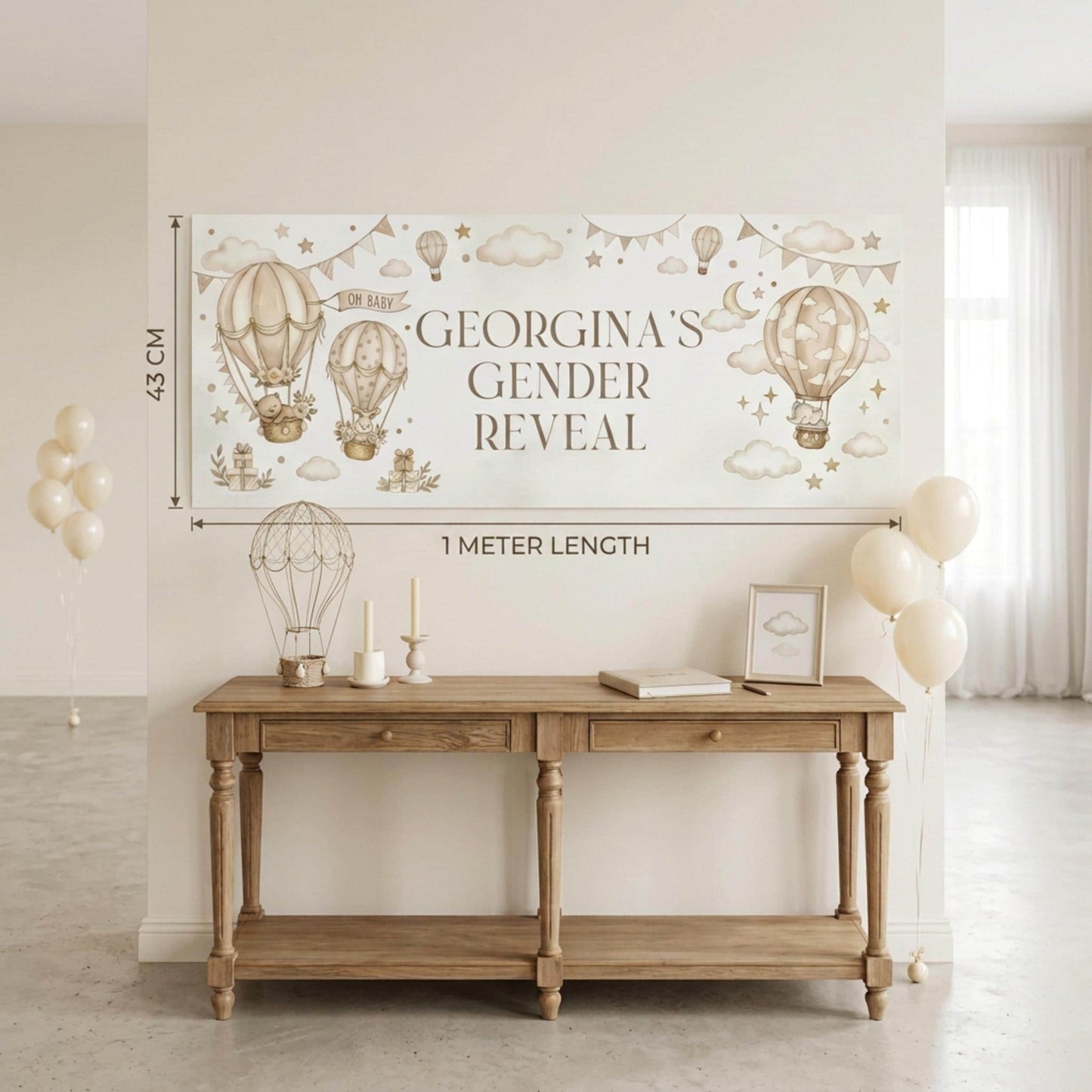 Personalised Beige Gender Reveal Banner, Hot Air Balloon Party Backdrop, Neutral Wall Sign