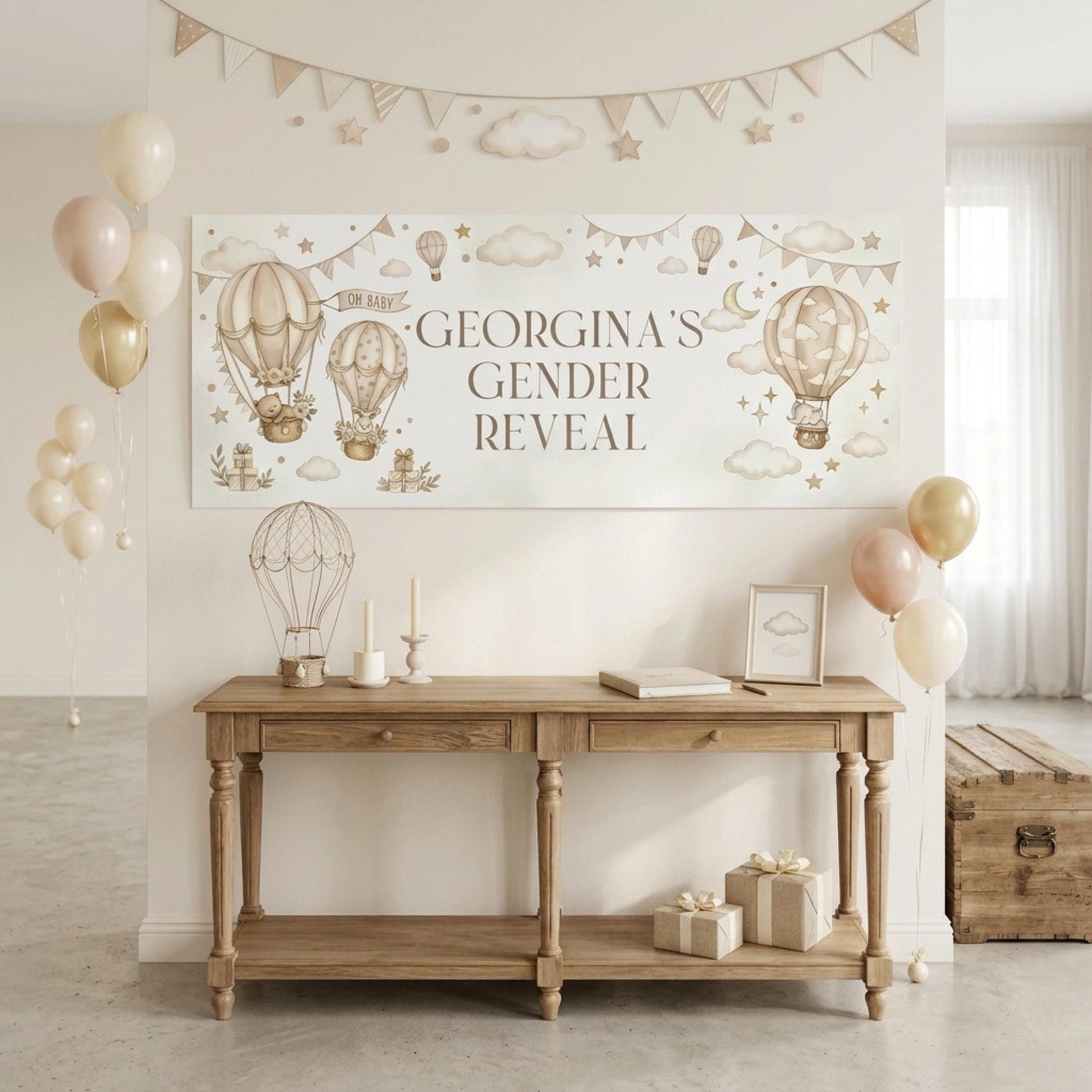 Personalised Beige Gender Reveal Banner, Hot Air Balloon Party Backdrop, Neutral Wall Sign