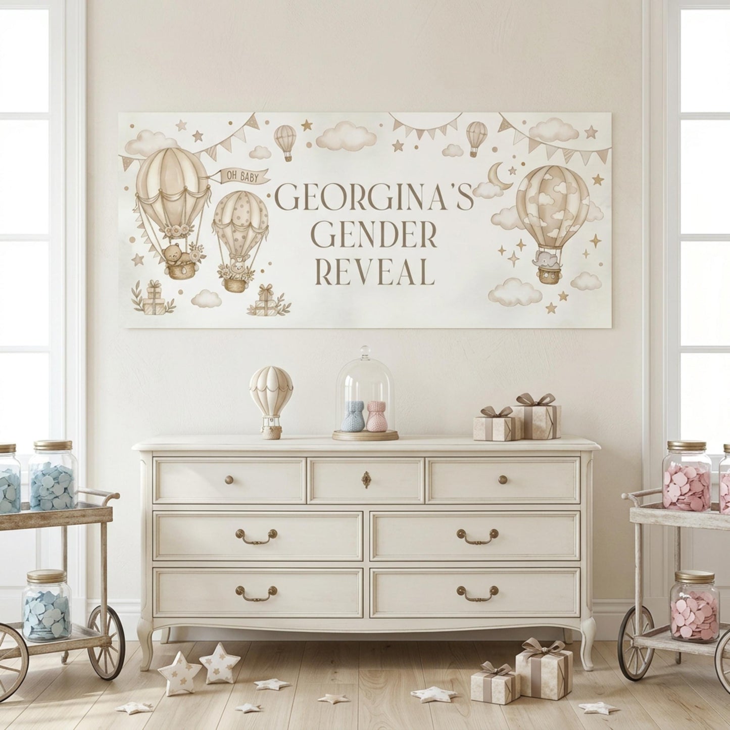 Personalised Beige Gender Reveal Banner, Hot Air Balloon Party Backdrop, Neutral Wall Sign