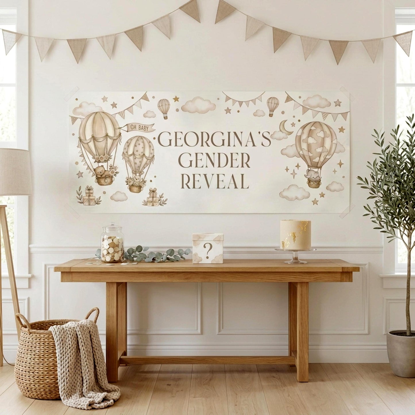 Personalised Beige Gender Reveal Banner, Hot Air Balloon Party Backdrop, Neutral Wall Sign