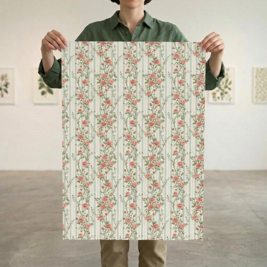 Vintage Rose Striped Wrapping Paper, Rosebuds Gift Wrap Sheet, Large Size