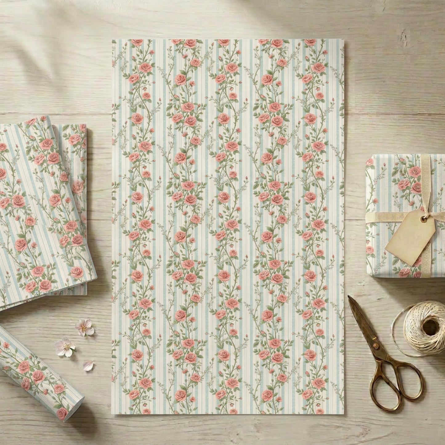 Vintage Rose Striped Wrapping Paper, Rosebuds Gift Wrap Sheet, Large Size