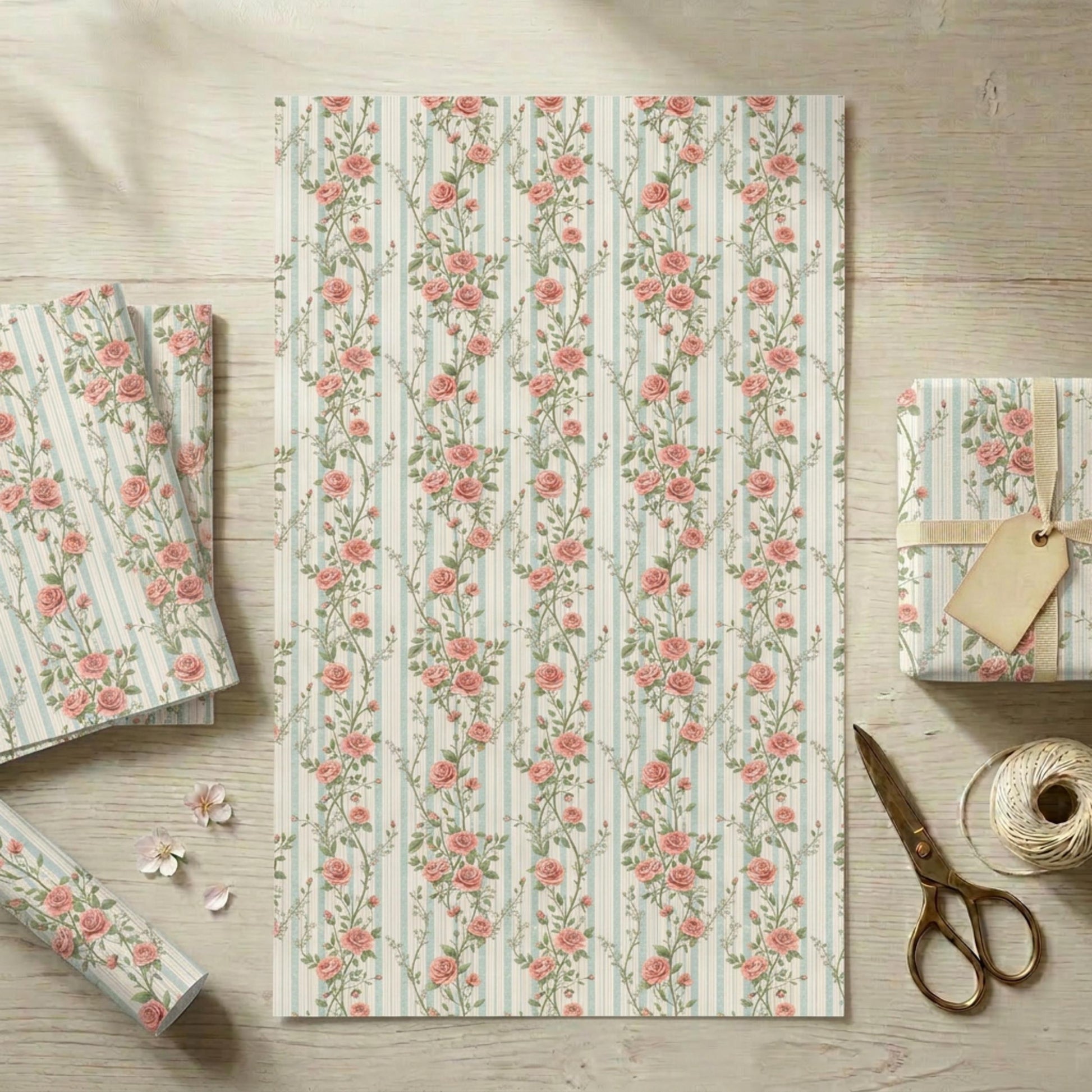 Vintage Rose Striped Wrapping Paper, Rosebuds Gift Wrap Sheet, Large Size