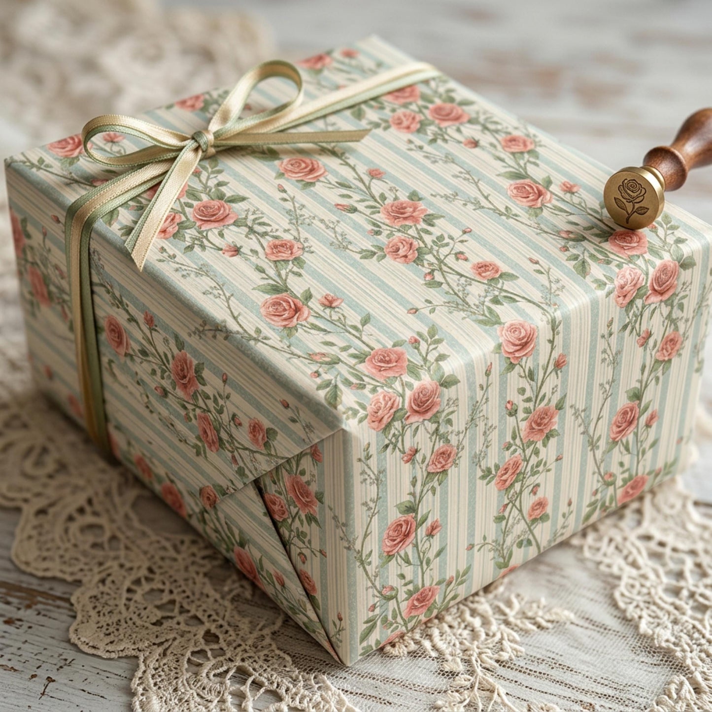 Vintage Rose Striped Wrapping Paper, Rosebuds Gift Wrap Sheet, Large Size