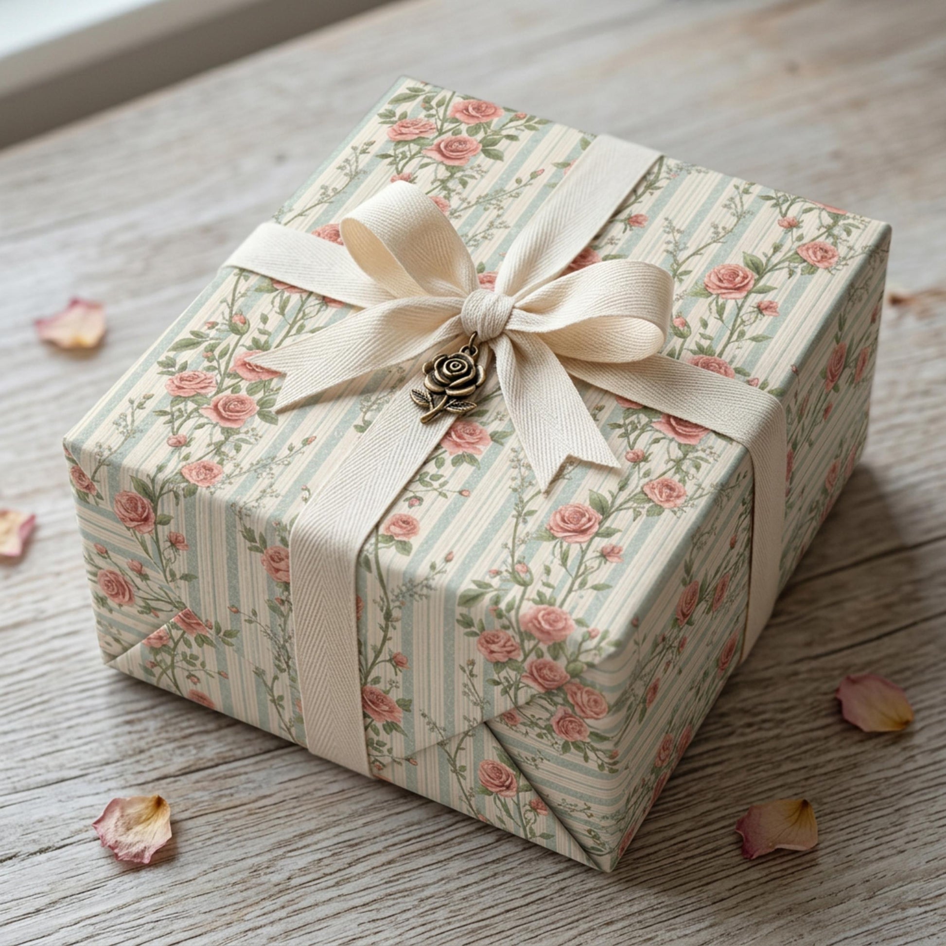 Vintage Rose Striped Wrapping Paper, Rosebuds Gift Wrap Sheet, Large Size