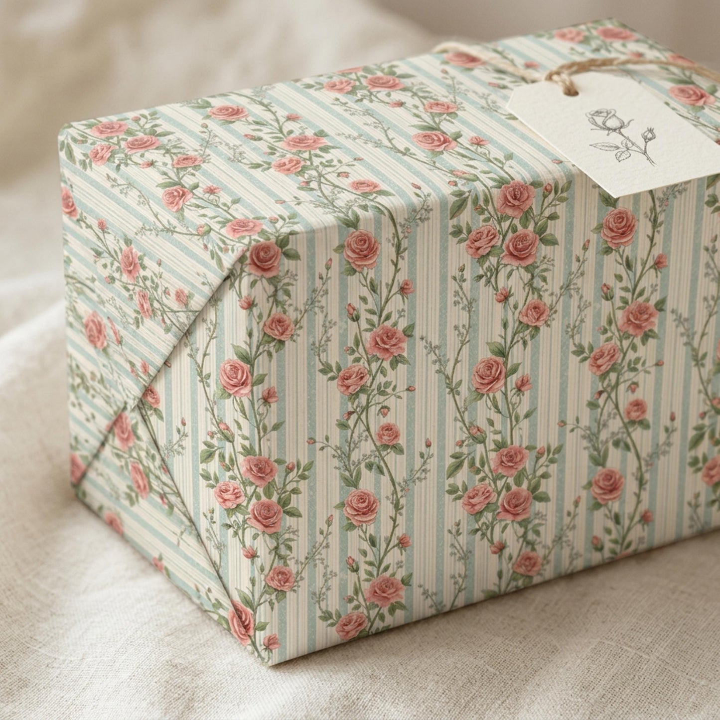 Vintage Rose Striped Wrapping Paper, Rosebuds Gift Wrap Sheet, Large Size
