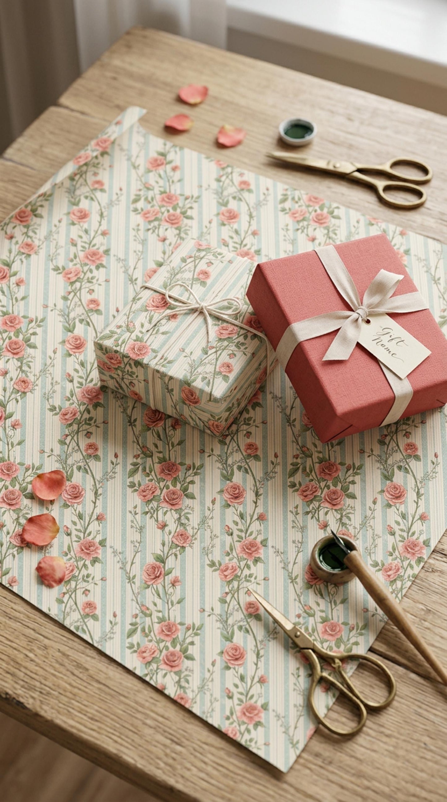 Vintage Rose Striped Wrapping Paper, Rosebuds Gift Wrap Sheet, Large Size