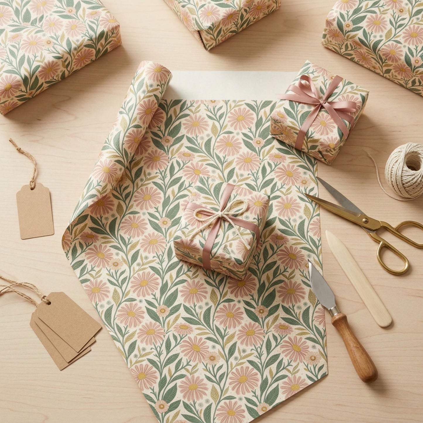 Vintage Pink Daisy Wrapping Paper, Retro Floral Gift Wrap Sheet, large size