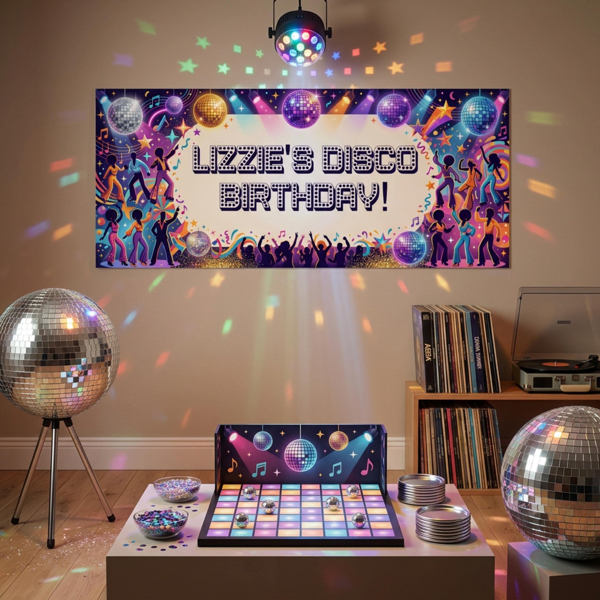 Personalised Disco Birthday Banner, Custom 70s Retro Party Backdrop