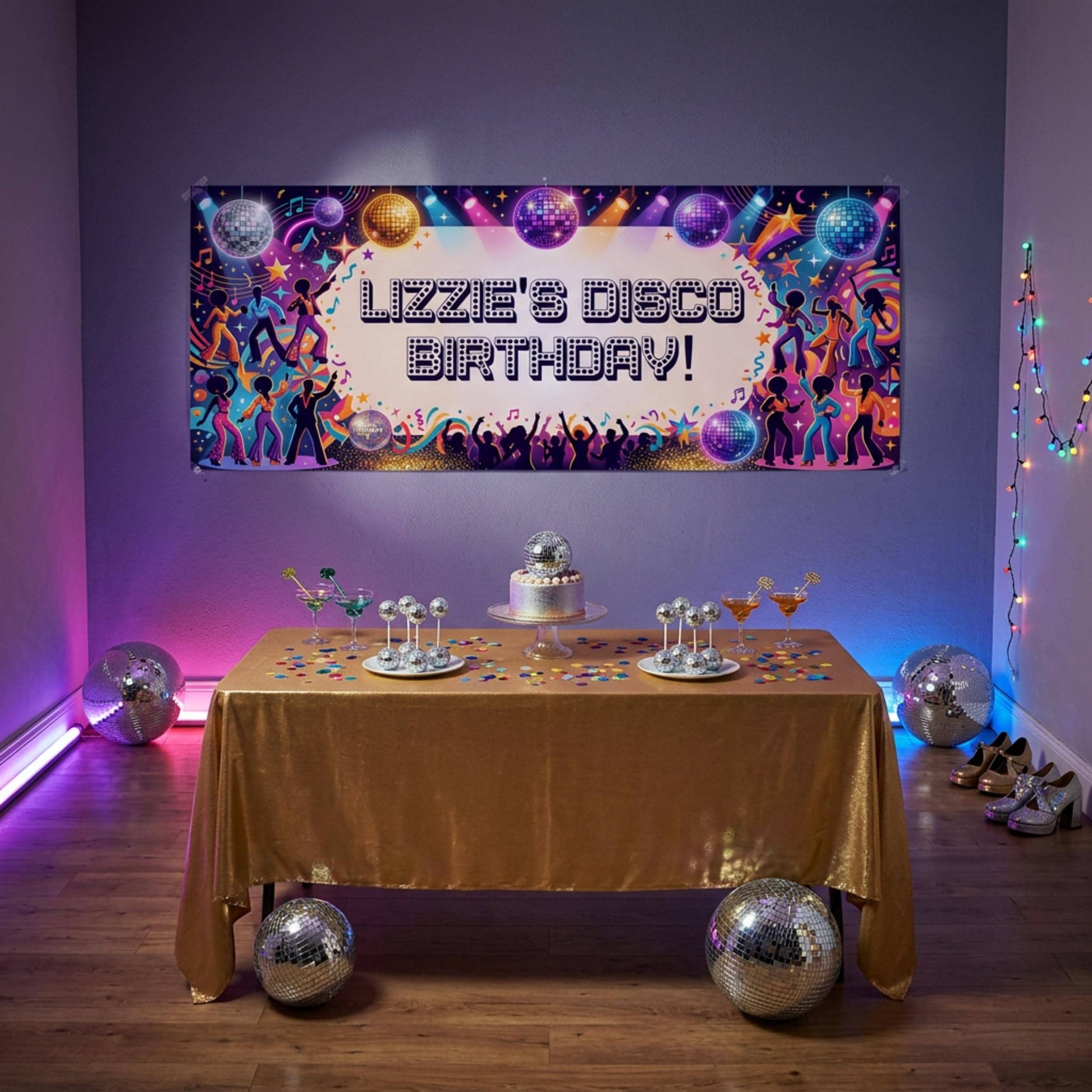 Personalised Disco Birthday Banner, Custom 70s Retro Party Backdrop