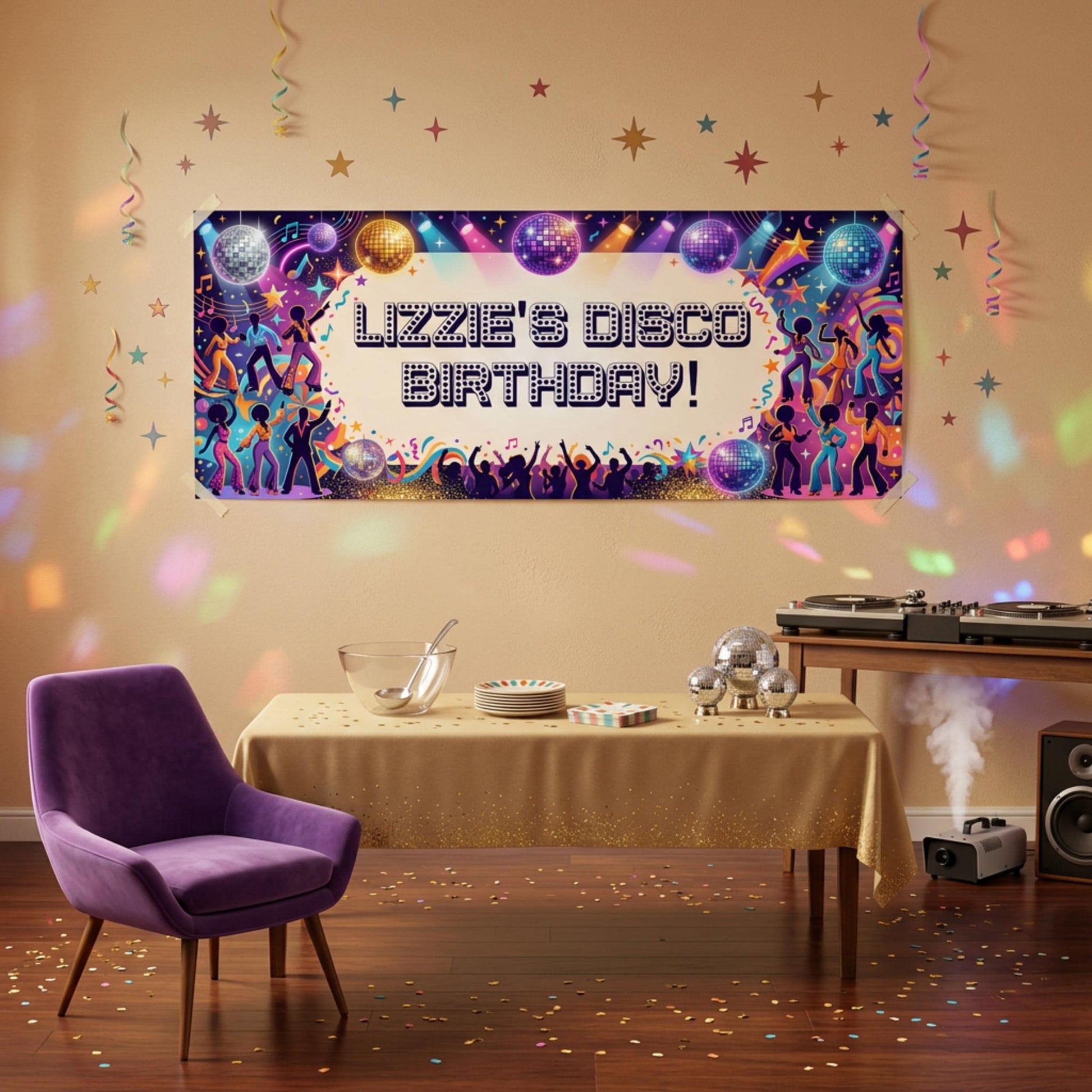 Personalised Disco Birthday Banner, Custom 70s Retro Party Backdrop
