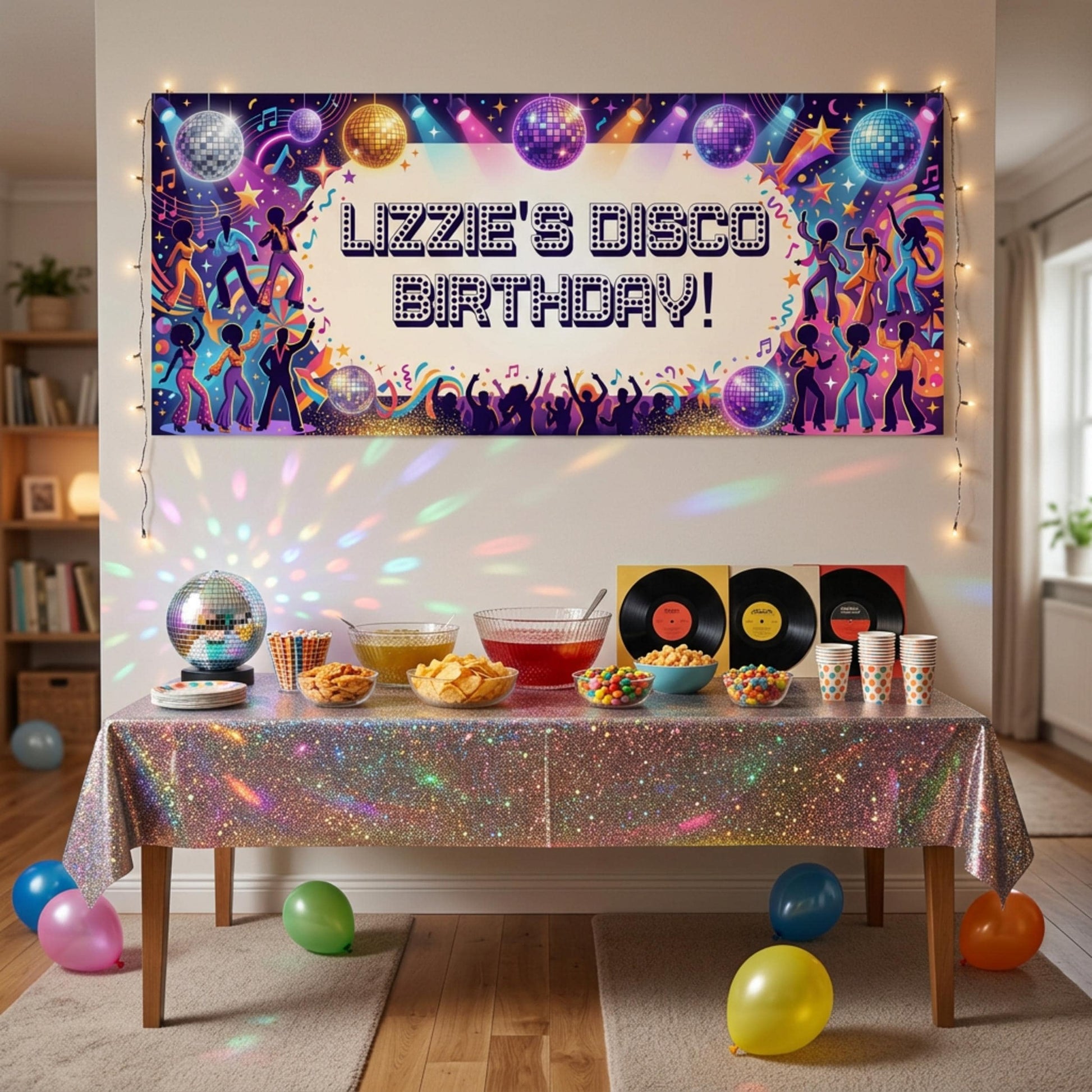 Personalised Disco Birthday Banner, Custom 70s Retro Party Backdrop