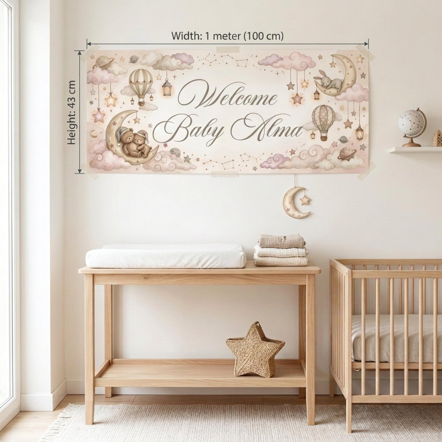 Personalised Welcome Baby Girl Banner, Celestial Nursery Backdrop
