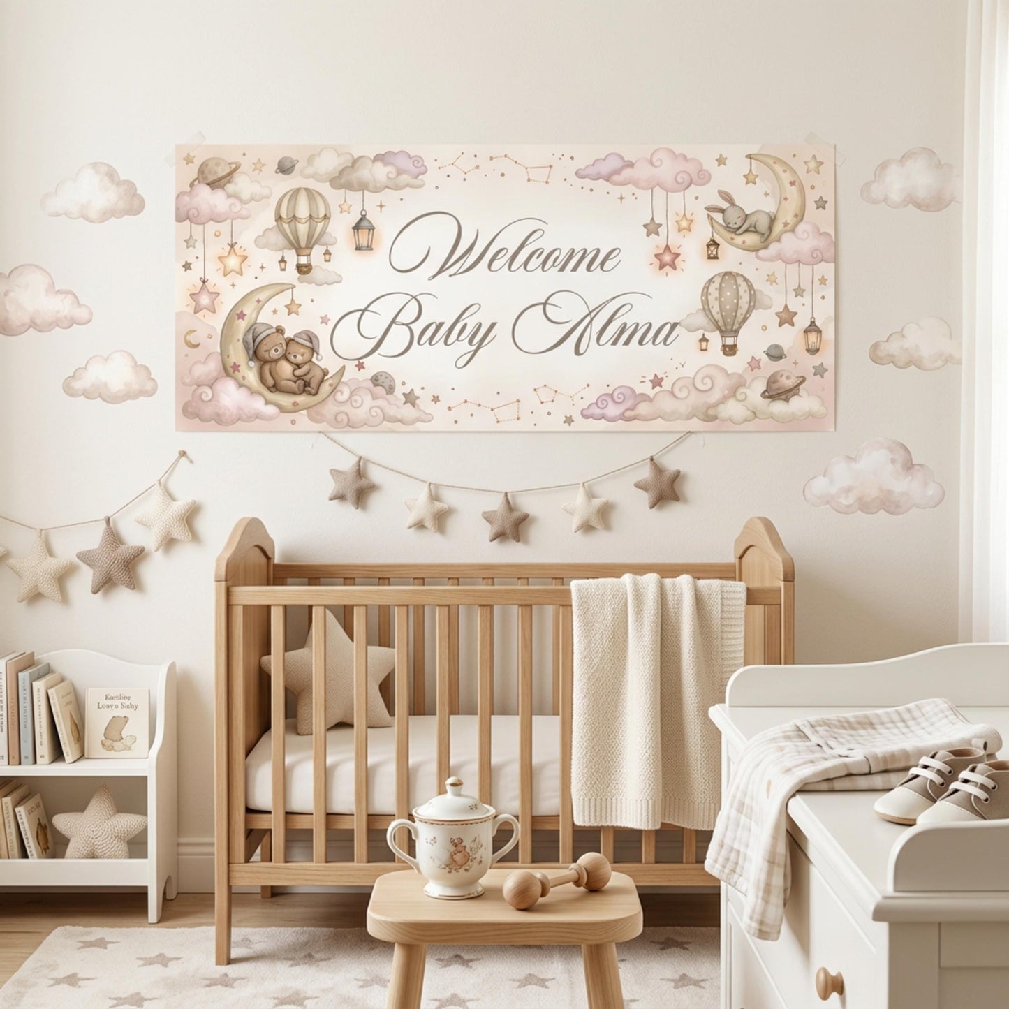 Personalised Welcome Baby Girl Banner, Celestial Nursery Backdrop
