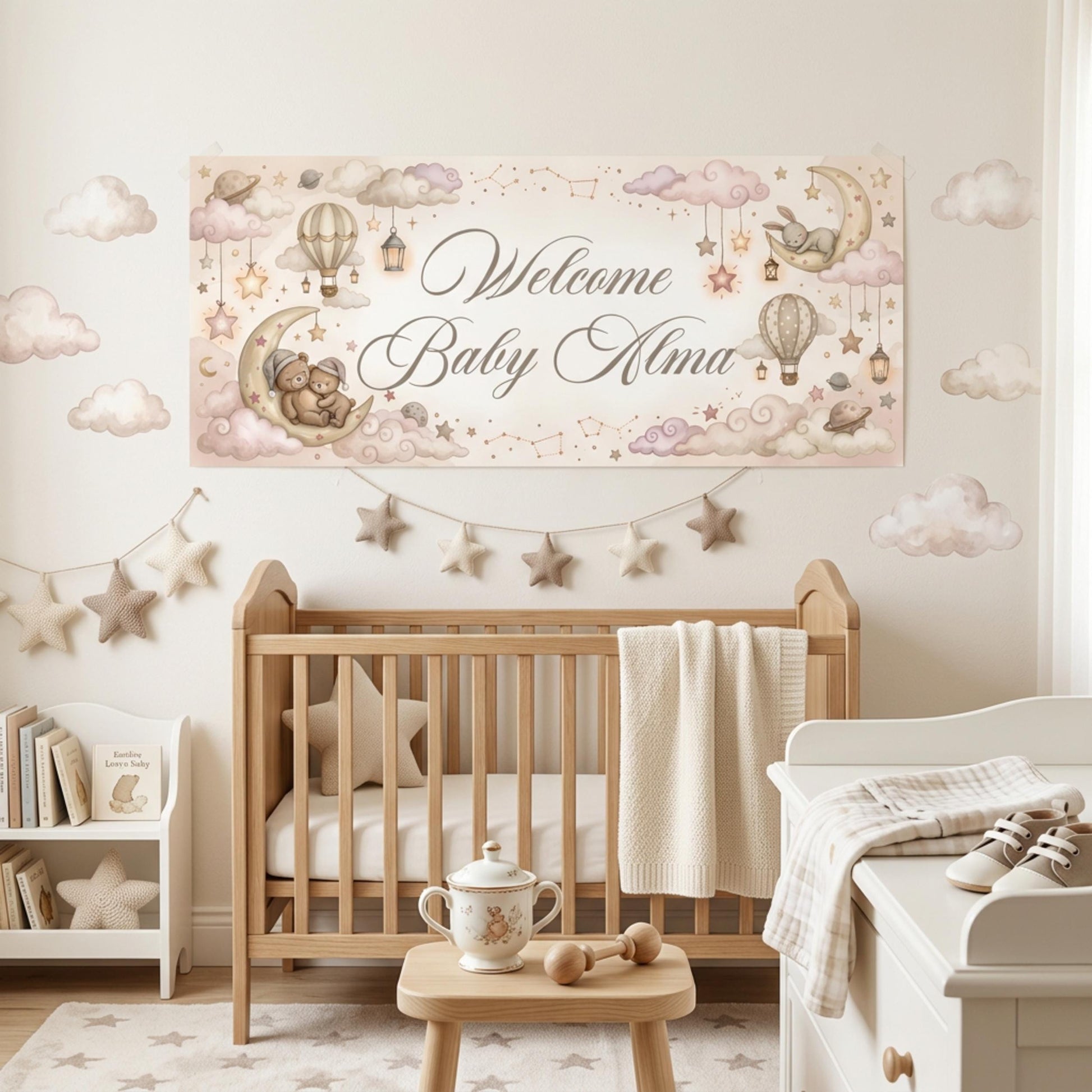 Personalised Welcome Baby Girl Banner, Celestial Nursery Backdrop