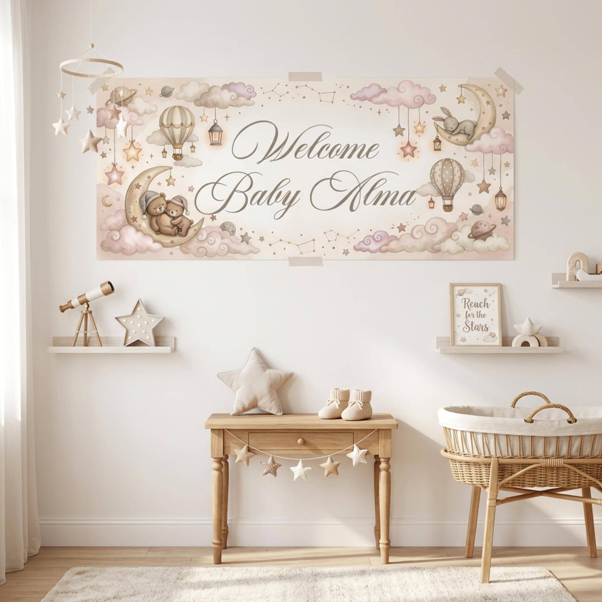 Personalised Welcome Baby Girl Banner, Celestial Nursery Backdrop