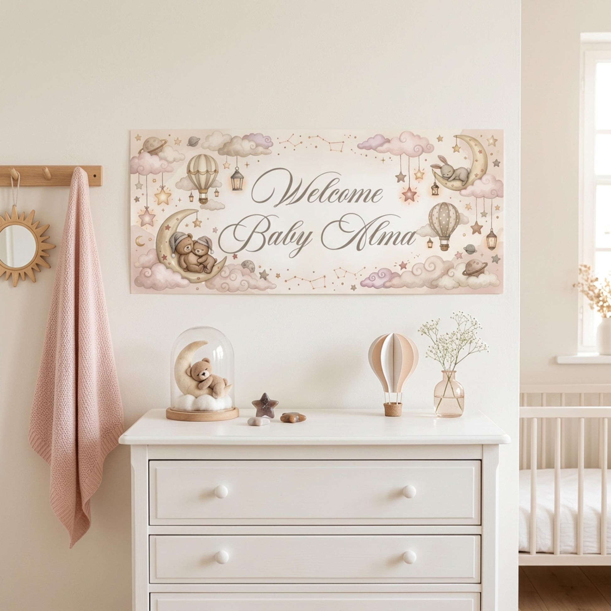 Personalised Welcome Baby Girl Banner, Celestial Nursery Backdrop
