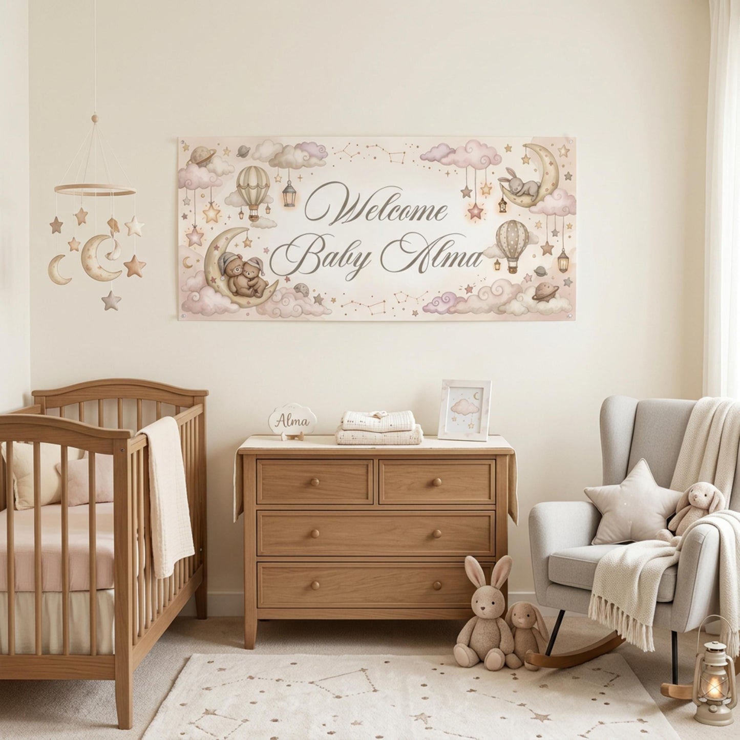 Personalised Welcome Baby Girl Banner, Celestial Nursery Backdrop