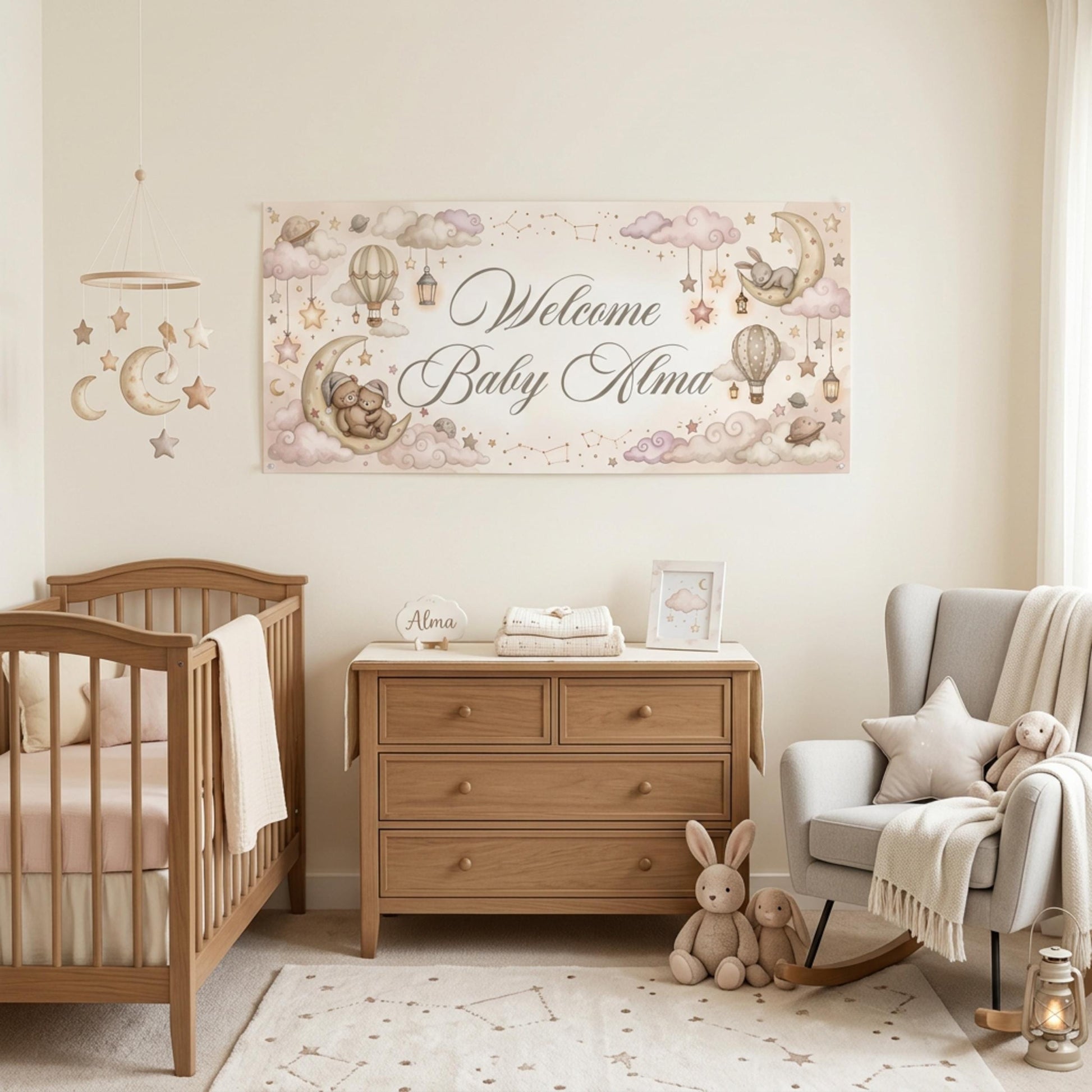 Personalised Welcome Baby Girl Banner, Celestial Nursery Backdrop