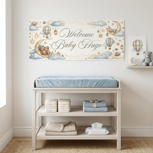 Personalised Welcome Baby Boy Banner, Custom Celestial Nursery Backdrop