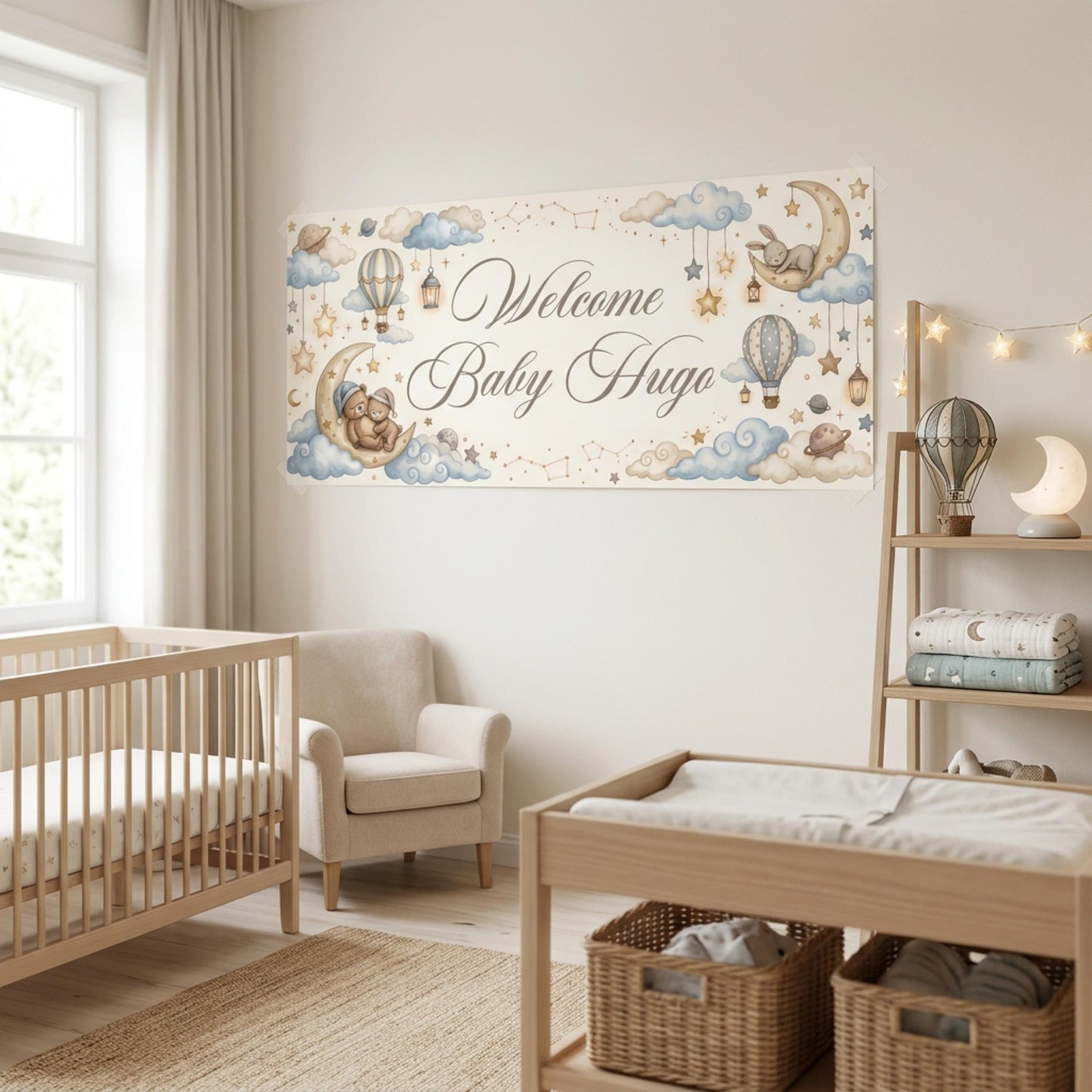 Personalised Welcome Baby Boy Banner, Custom Celestial Nursery Backdrop